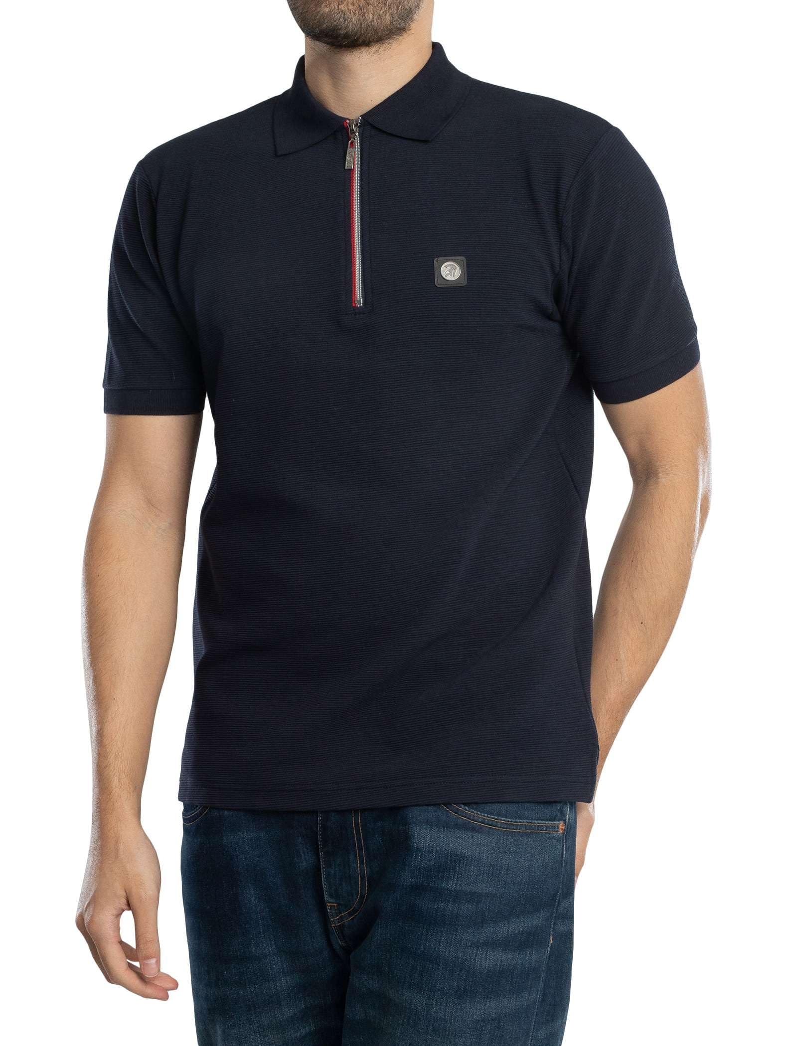 Trojan Navy Ottoman Rib Chrome-Effect Zip Polo Shirt Tr/8985