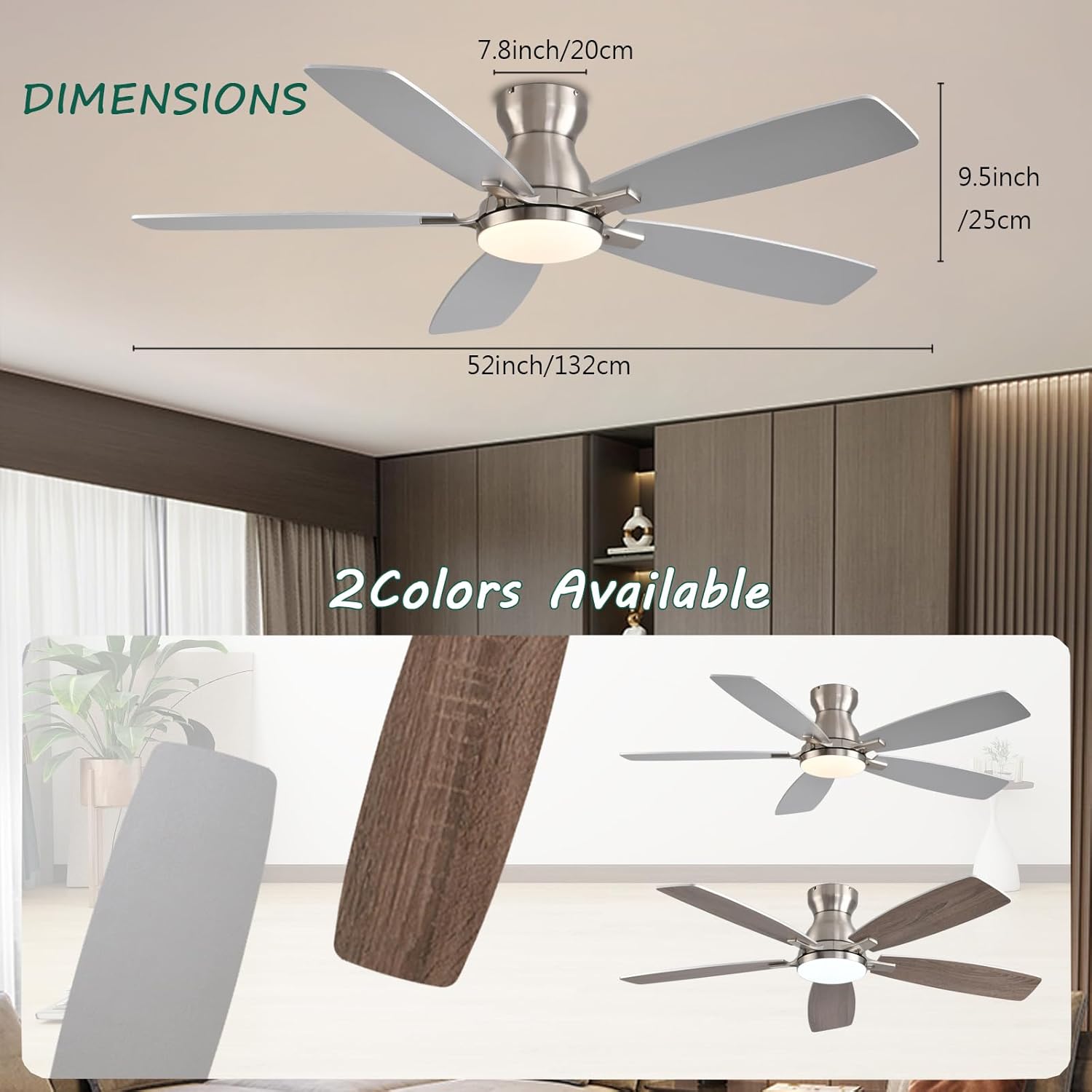 52inch Flush Mount Ceiling Fans with Lights and Remote Control/APP Control, DC Reversible Motor, Noiseless, Dimmable, Low Profile Nickel Ceiling Fan for Bedroom Indoor/Outdoor Use - Image 2
