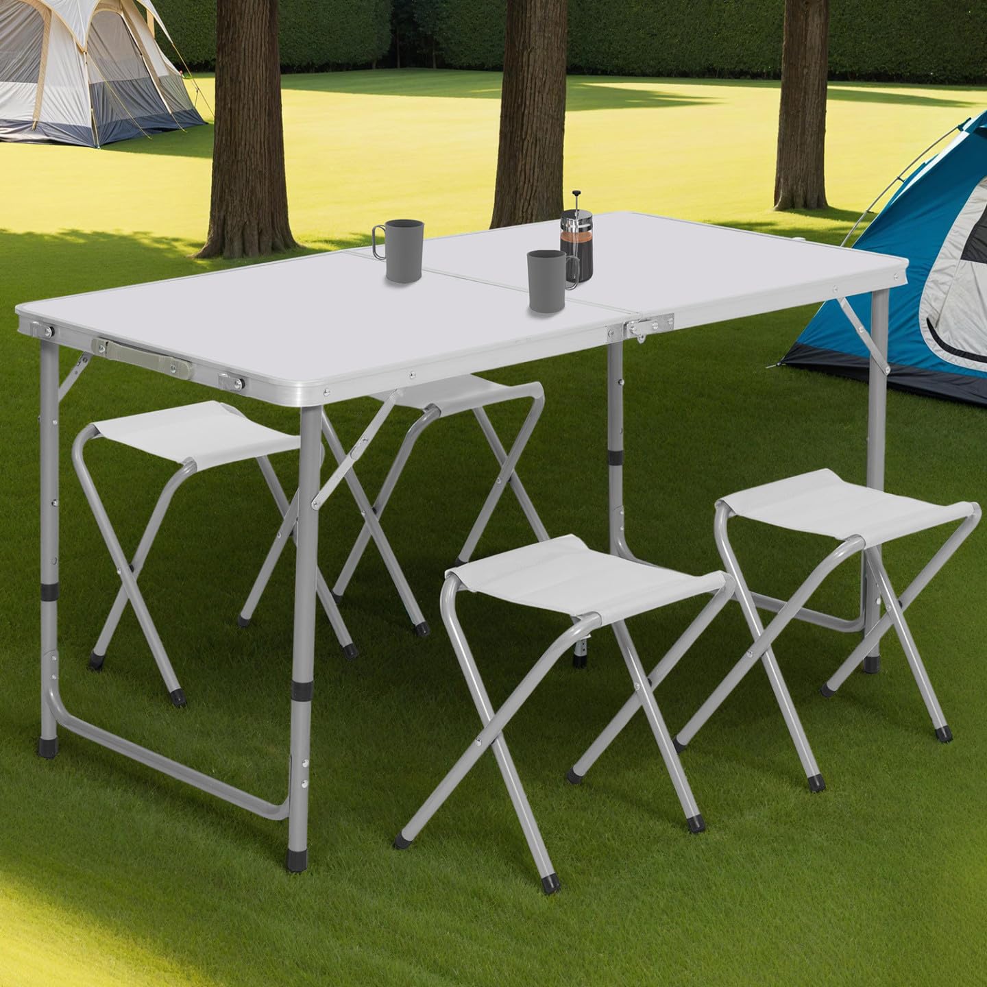 IDMarket - Table de Camping Pliante réglable en Hauteur 120 cm et 4 tabourets Blanc
