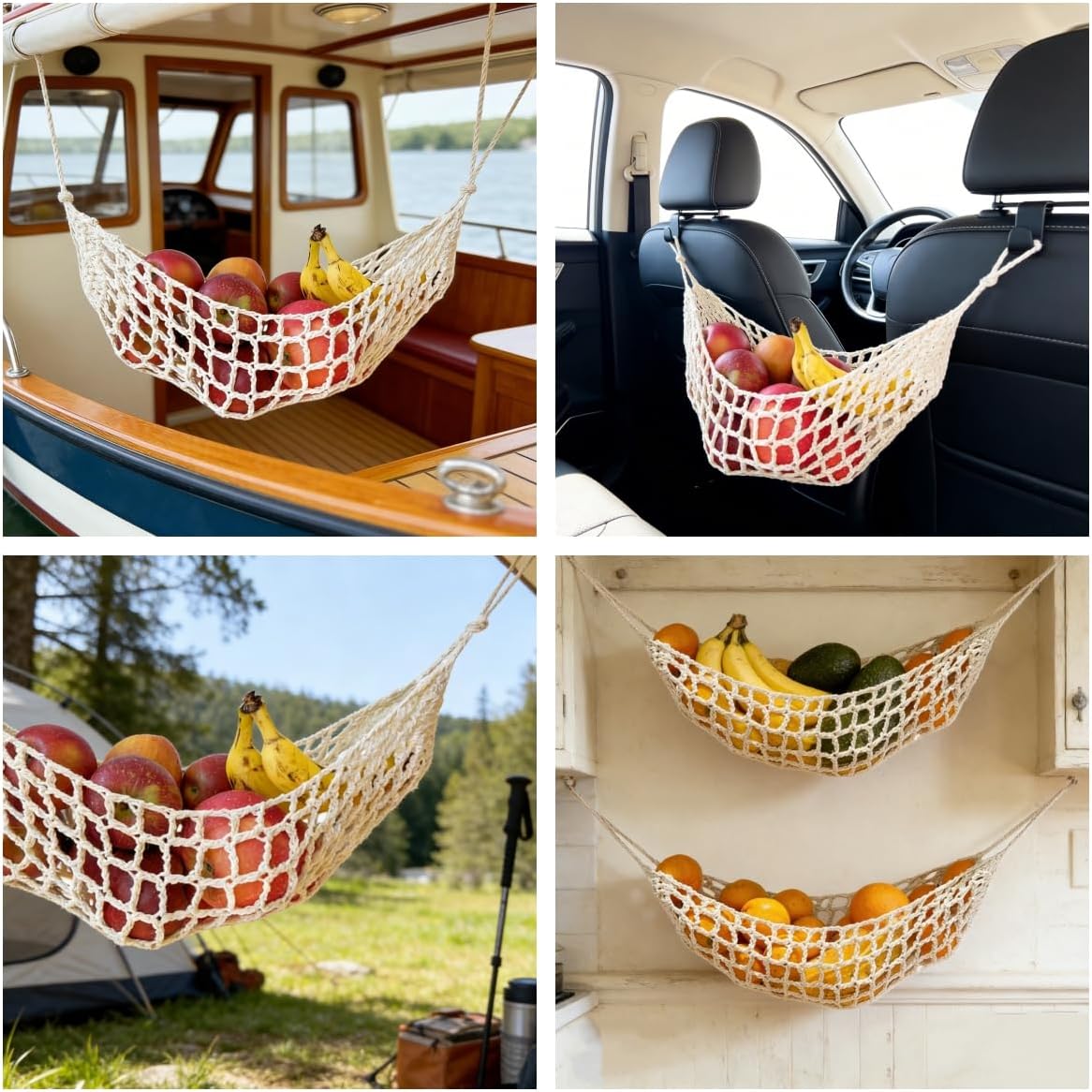 Hanging Fruit Hammock, Under Cabinet Banana Fruit Basket for Kitchen Storage with Hook(Ivory)