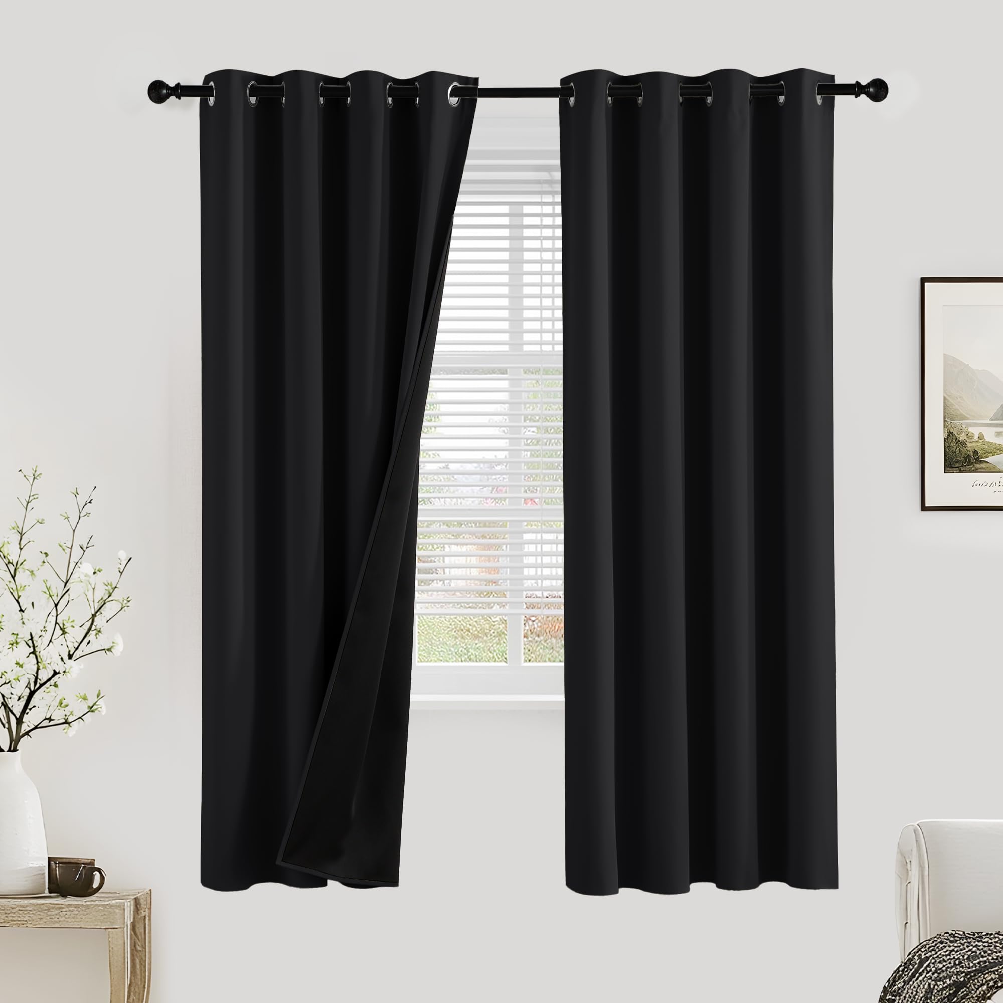 PONY DANCE 100% Blackout Curtains for Bedroom - Thermal Insulated Full Blackout Eyelet Curtains & Drapes Heat and Light Blocking Panels for Living Room with Black Liner 2 Pcs, 46 x 72 Inch, Black — image 1