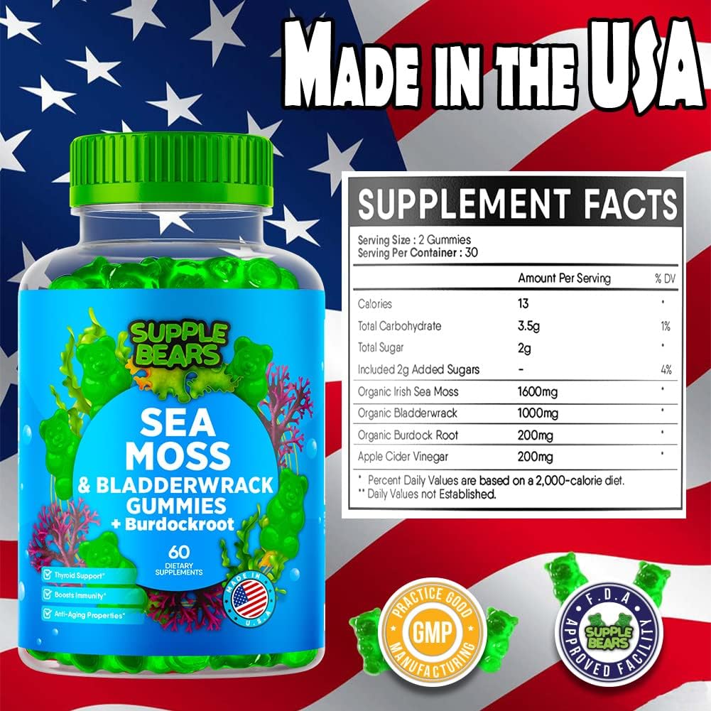 Supplebears Sea Moss Gummies & Apple Cider Vinegar - Burdock Root + Bladderwrack - 102 Minerals for Daily Wellness & Nutrient Support - 60 Seamoss Gummies for Kids & Adults - Made in The USA