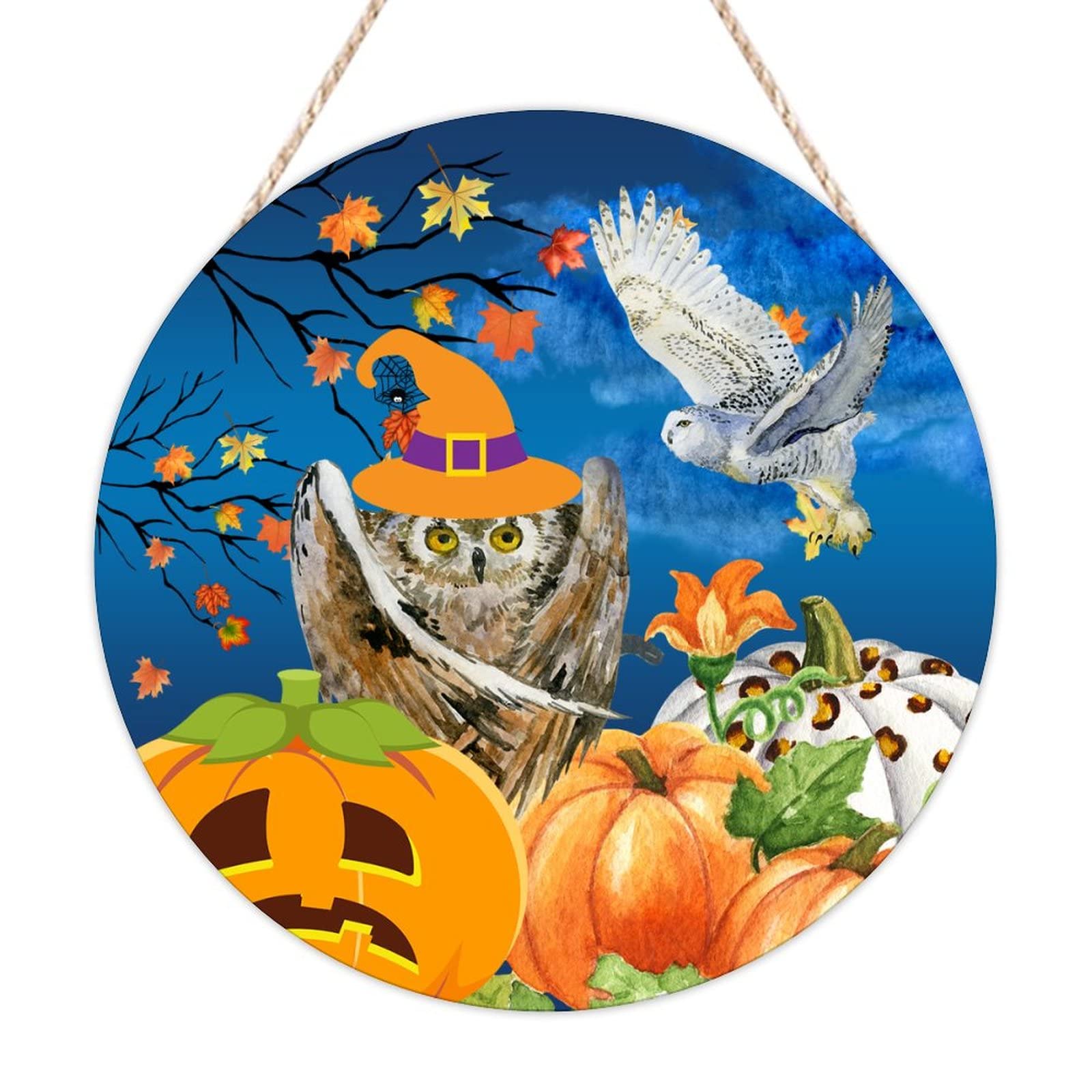 Panneau de bienvenue d'Halloween en bois 40x40 cm avec citrouille et chouette