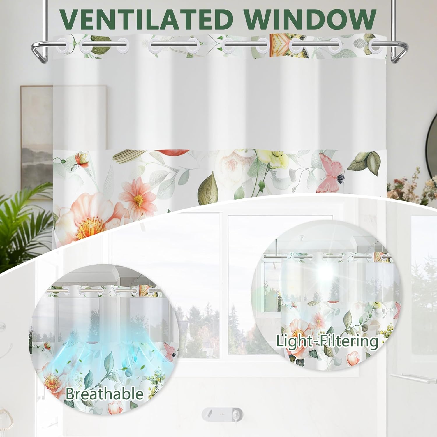 Floral Bird Shower Curtains for Bathroom, No Hook Shower Curtain and Liner Set with Split Ring Design, Rustic Shower Curtain with Translucent Mesh Window, Snap in Liner and Weighted Hem, 71"W x 74"L