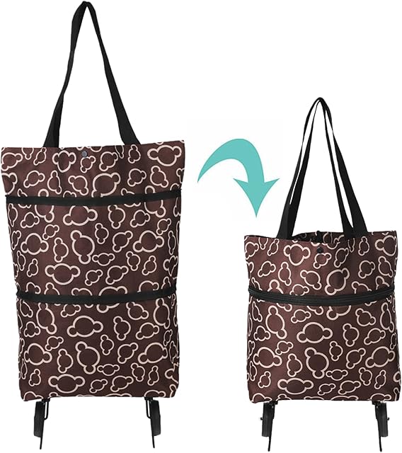 Foldable Shopping Bag with Wheels : Collapsible Trolley Bag on Wheels for Women Reusable Multi-Function Shopping Travel Tote Bag