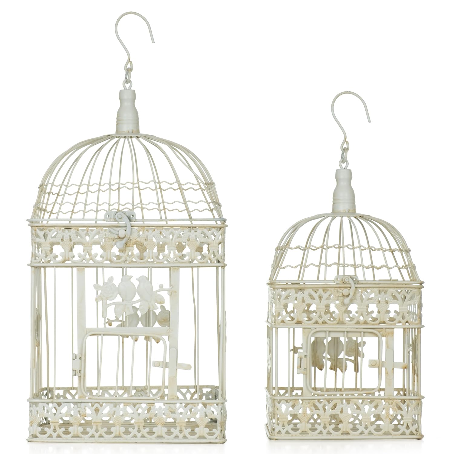 Moritz 2er Set Vogelkäfig Deko aus Metall altweiß H 55/47 cm Vintage Look mit Vogel-Verzierung zum Hängen oder Stellen Dekokäfig Landhausstil Antik Shabby Nostalgie