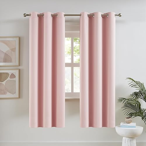 DUALIFE Baby Pink Curtains Blackout 63 Inch Length - Dark Black Out Drapery Room Darkening for Nursery Thermal Insulated Grommet Curtain Panel Pair 34 x 63 Inches Long, 2 Panels