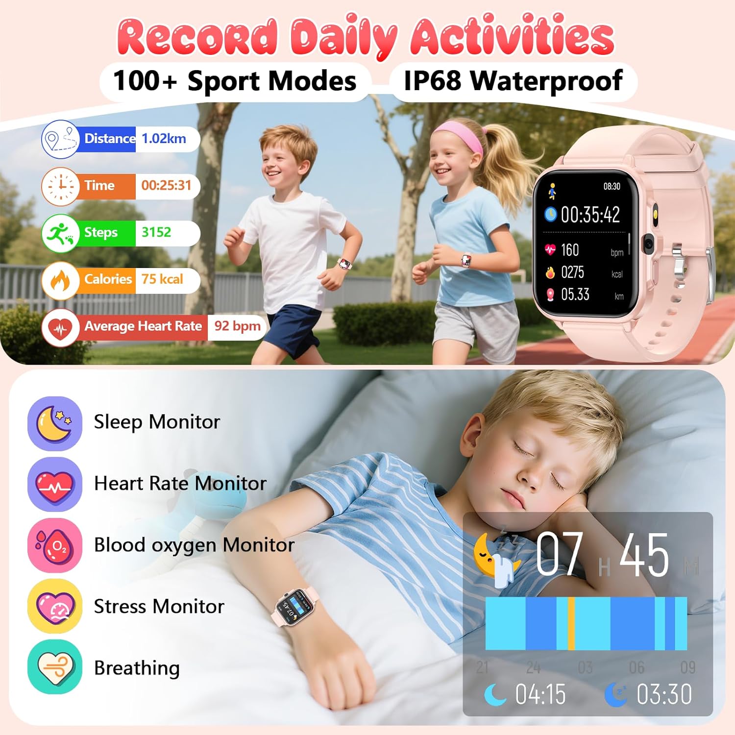 Smart Watch for Kids, 1.85" Fitness Tracker Kid Watch Pedometer, Heart Rate, Sleep Monitor, NO APP/Phone, Alarm Clock, Smartwatches with Video Music, IP68 Waterproof, Puzzle Games, Gift for Girls Boys