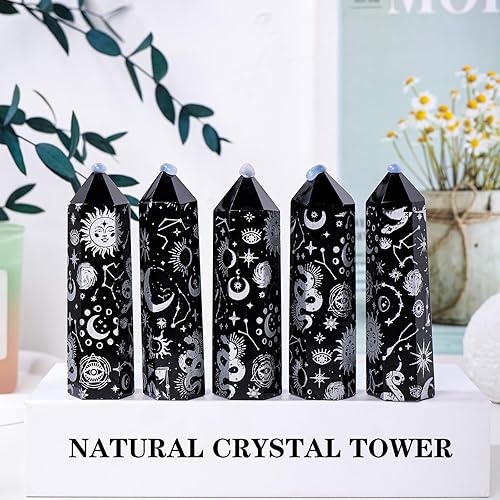Miniatura 2 de Runyangshi 1 torre de obsidiana de cristal natural curativo, torre de energía de 7 chakras, torre plateada arenada, estrella, luna, sol, decoración