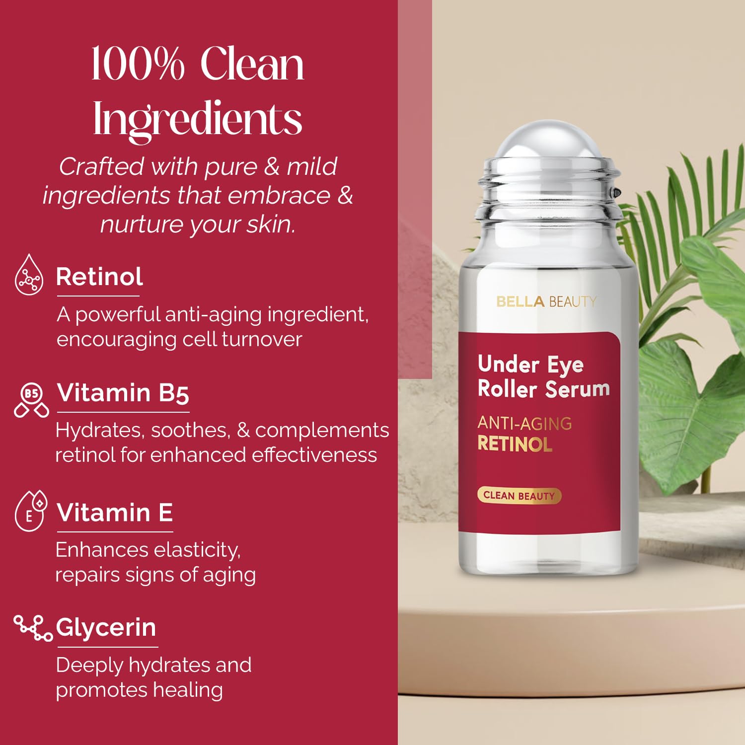 Bella Beauty Retinol Under Eye Serum – Firming & Smoothing Roller for Puffiness & Dark Circles – Dermatologist Tested, Anti-Aging Korean Skin Care – Vegan, Clean Beauty, Non-GMO – 1.69 Fl Oz