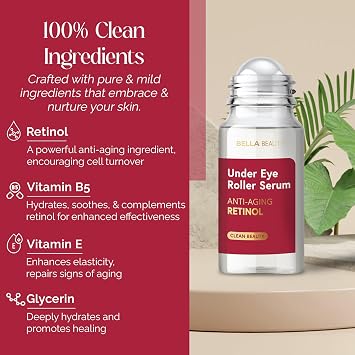 Bella Beauty Retinol Under Eye Serum Firming & Smoothing Roller for Puffiness & Dark Circles Dermatologist Tested, Anti-Aging Korean Skin Care Vegan, Clean Beauty, Non-GMO 1.69 Fl Oz