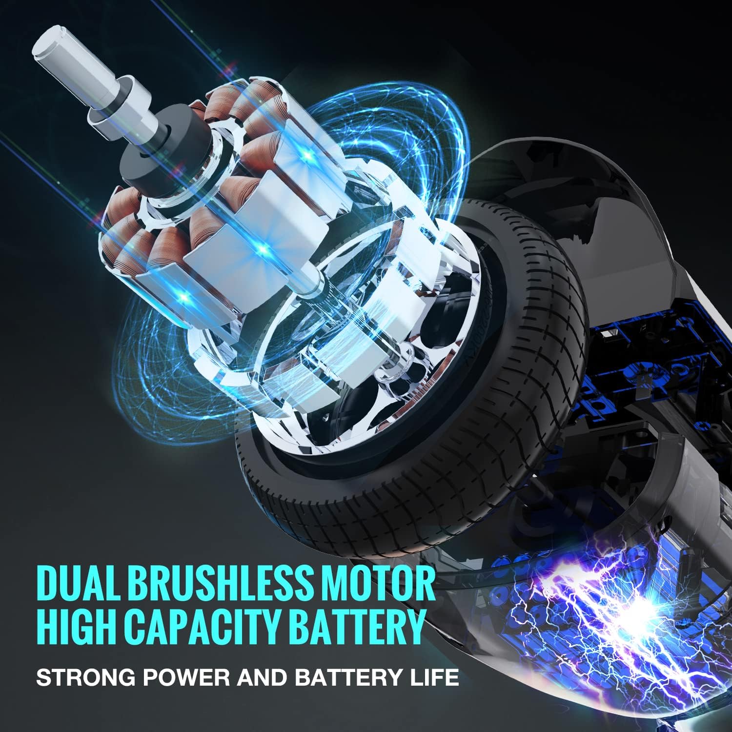 Internal view of hoverboard with dual brushless motor and high capacity battery