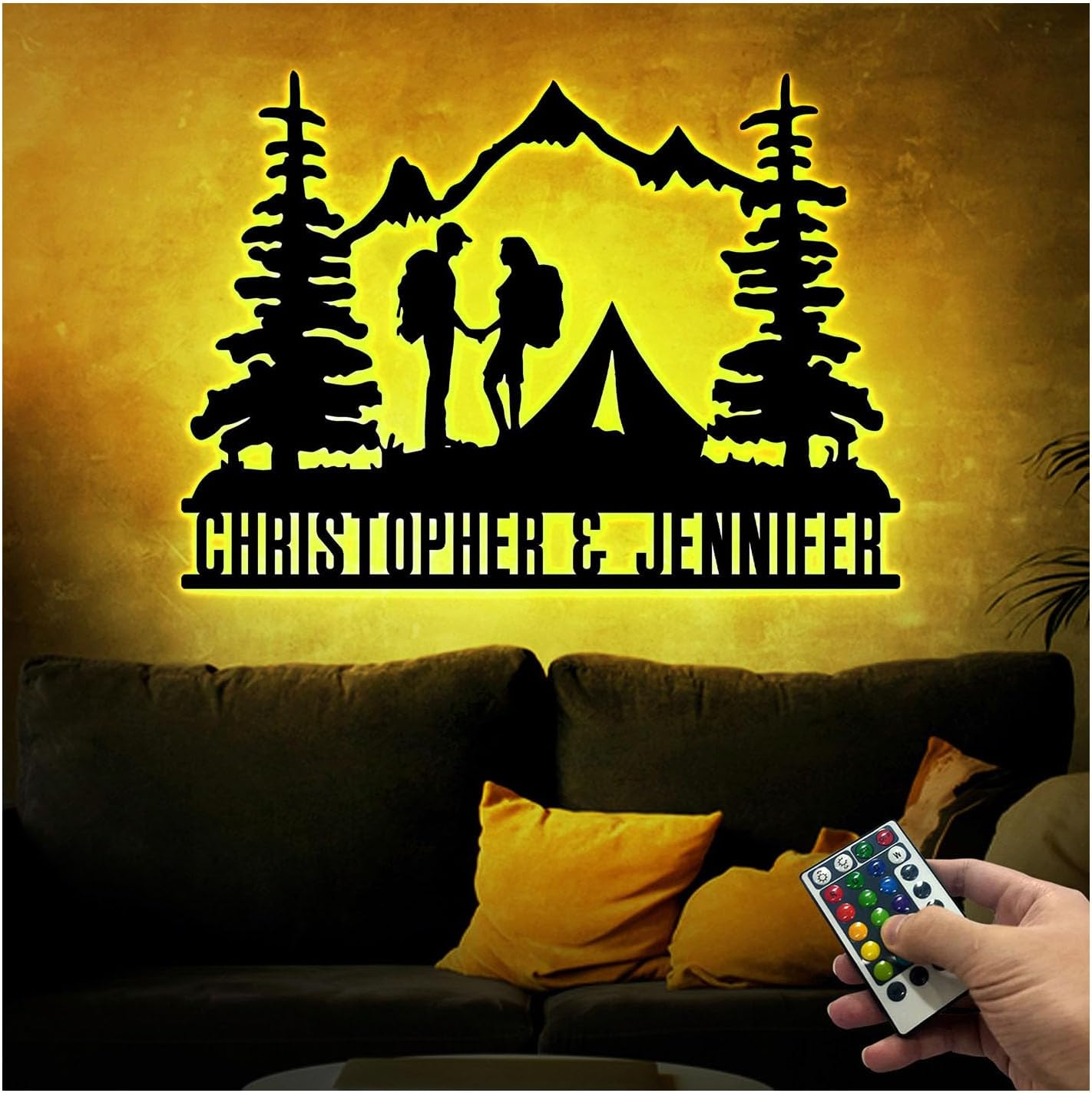 Camping Couple Metal Wall Art Personalized Hiking LED Sign