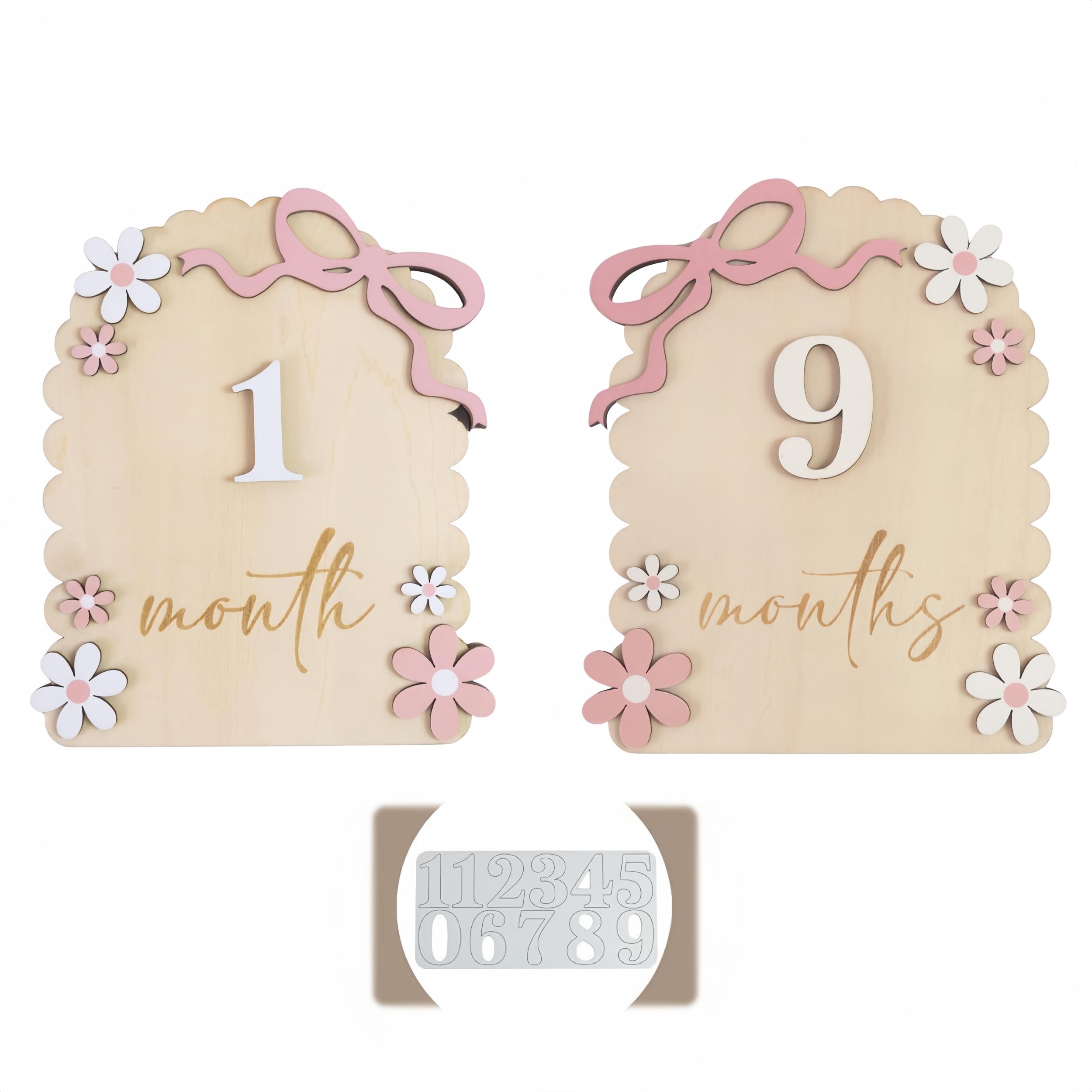 PLUSHCEWT Wooden Daisy Baby Milestone Cards, 0-12 Months Newborn Milestone Sign with Replaceable Numbers & Glue Dots, Flower Design Photo Prop for Recording Baby Monthly Growth, Gift (Pink)