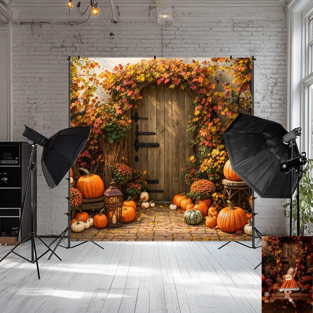Kate Fall Pumpkin Maple Leaves Brown Wooden Arch Door Backdrop Photo Background Studio Props,10x8ft