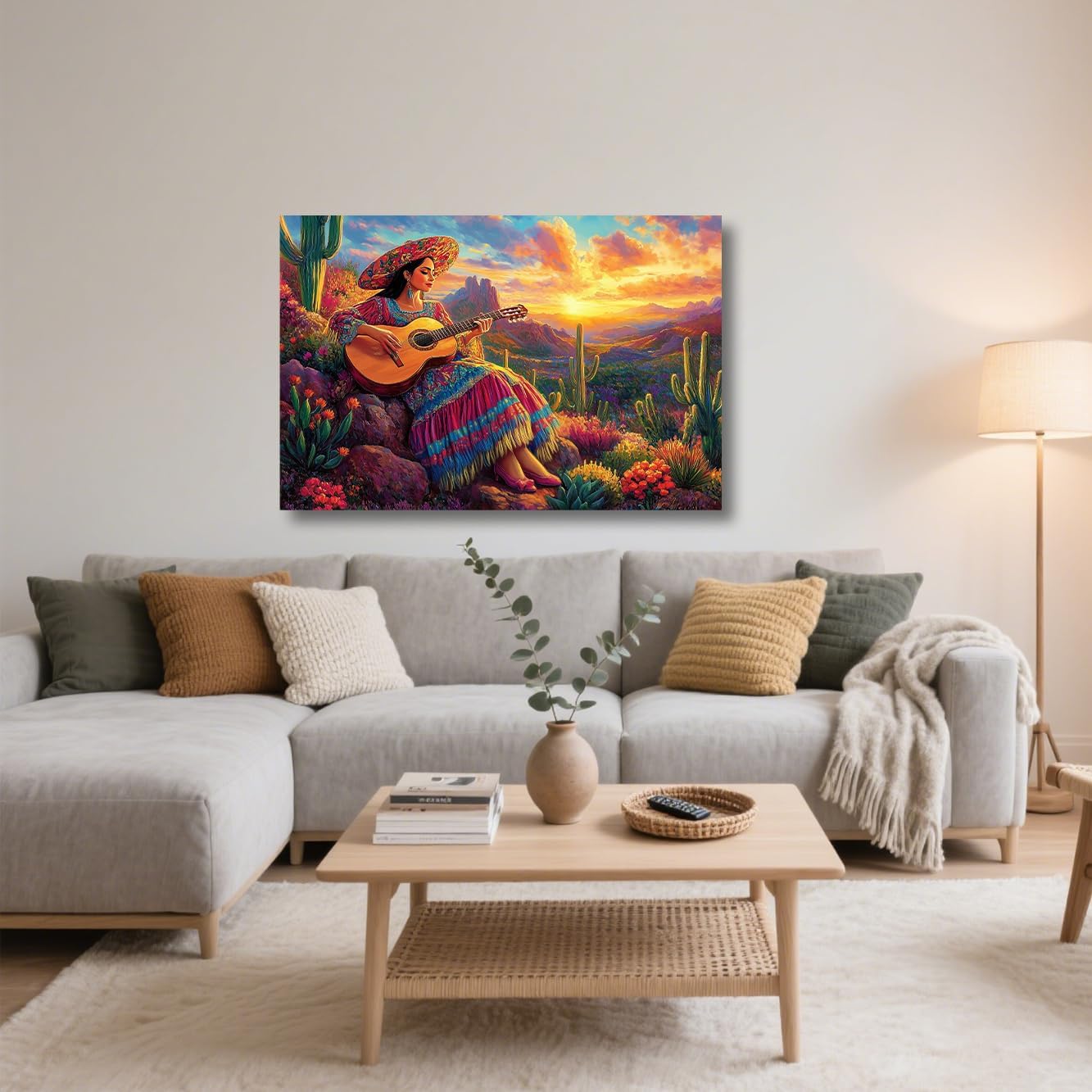 ZSHARTSWD Mexican Wall Art Mexican Woman Playing Guitar Pictures Cactus Landscape Canvas Prints Southwest Desert Painting for Living Room Home Decor Framed (Pink, 24L x 16W)