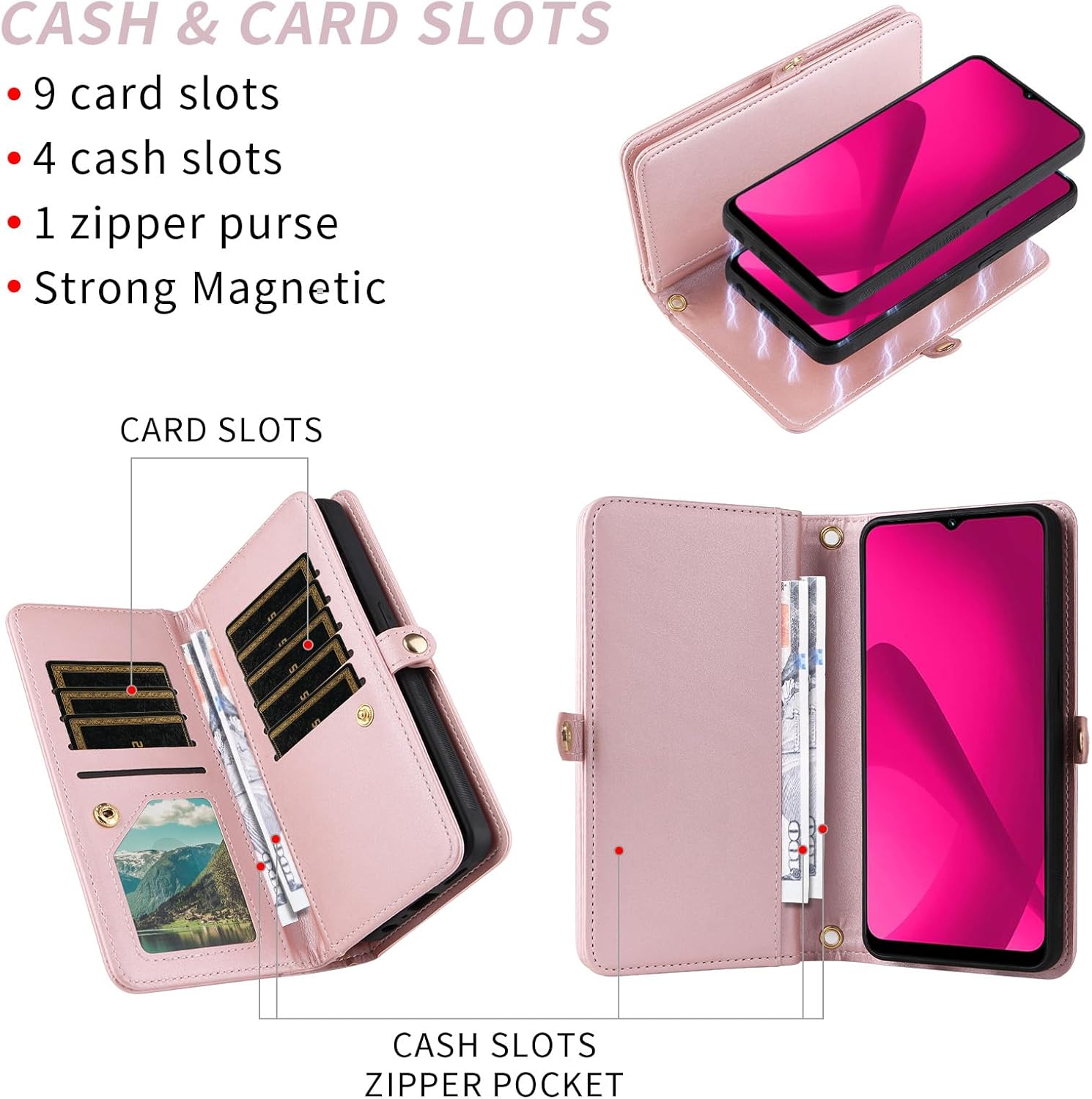 Asuwish Phone Case for T-Mobile Revvl 7 5G Zipper Wallet Cell Cover with Screen Protector Lanyard Strap Bling Glitter Flip Card Holder Slot Tmobile Revvl7 T Mobile Revel Tmo Revell Rebel Women Pink