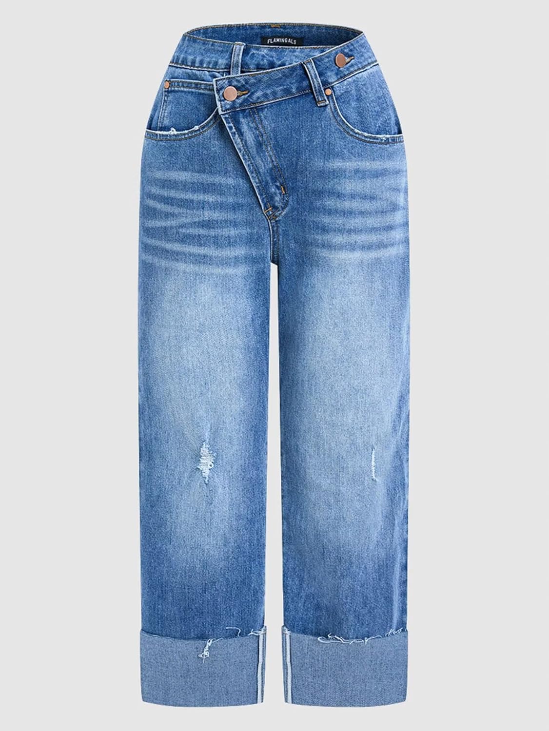 Flamingals Straight Leg Jeans for Women Wrap Mid Rise Cuffed Casual Wash Roll Raw Hem Cropped Denim Pants - Image 4