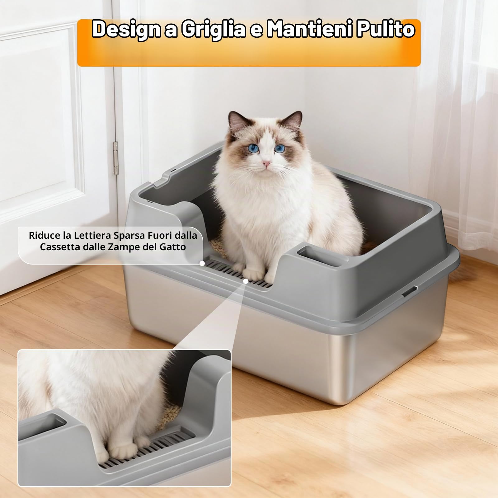 Garvee Lettiera Gatto Acciaio Inox XXL 60x40x22cm, Semichiusa con Bordi Alti per Gatti Grandi e Multipli, Antiaderente, Antiodore, Anti Perdite, con Paletta, Facile da Pulire, Grigio