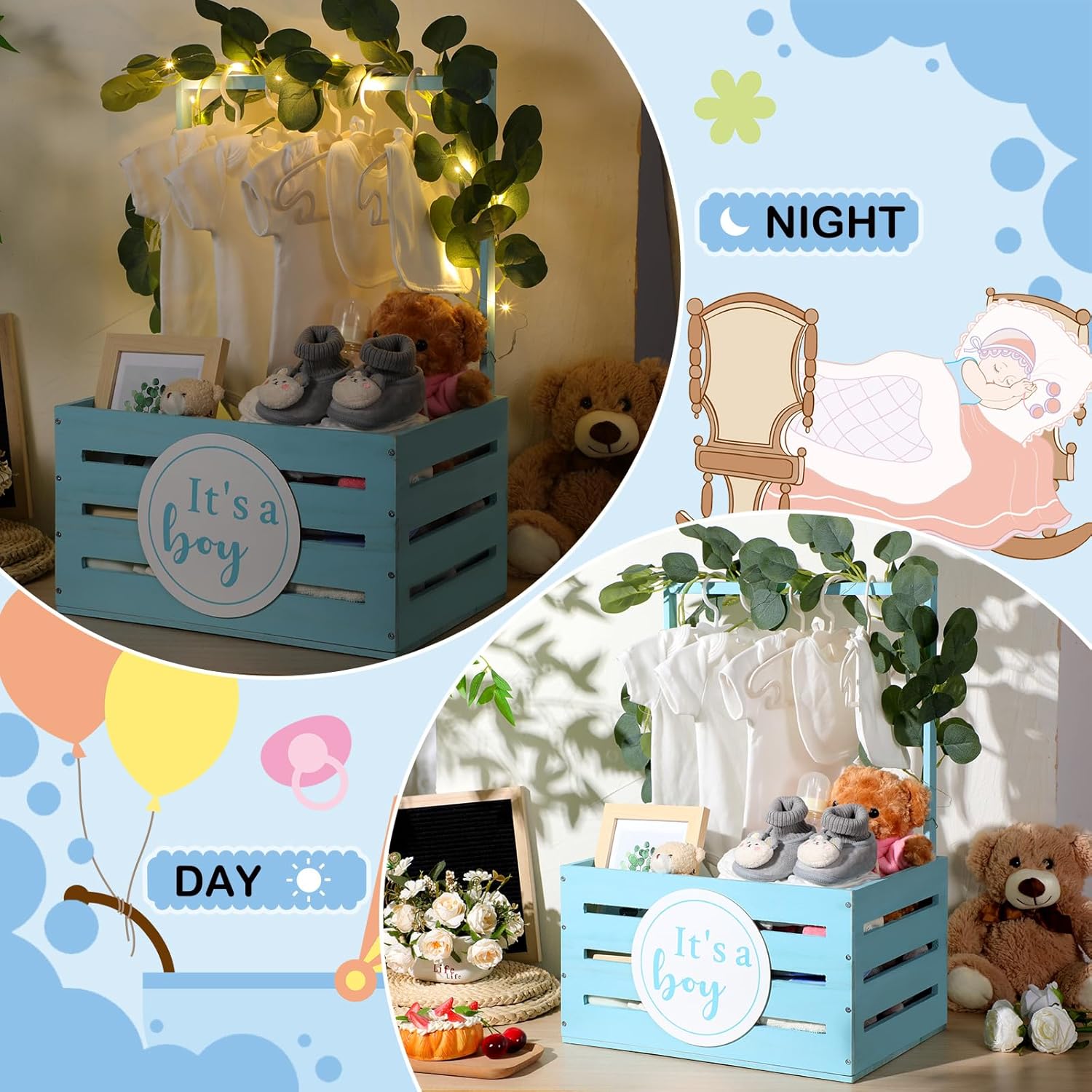 Barydat Wooden Baby Shower Crate Closet Baby Gift Basket Wood Storage Hamper with Handle Garland Newborn Welcome Gift Gender Reveal Pregnancy New Parent(Blue,Boy)
