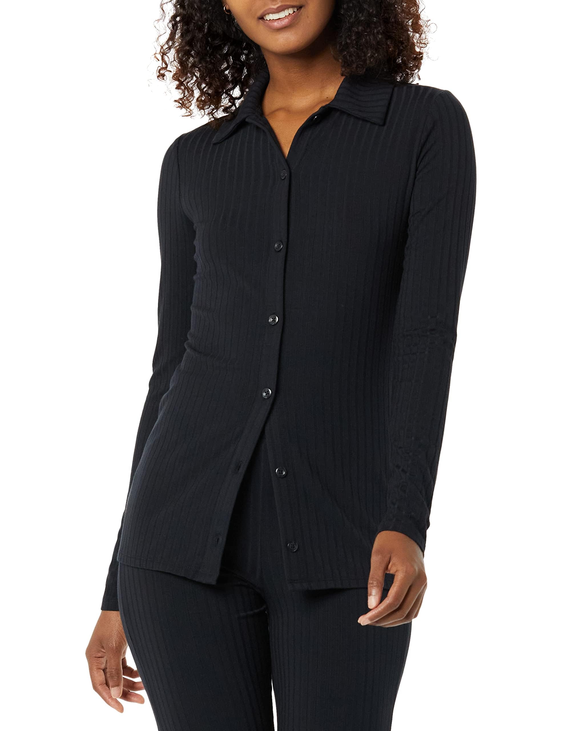 Amazon Essentials Women's Wide Rib Long Sleeve Button-up Collared Cardigan (Pants Sold Separately), Black, X-Small