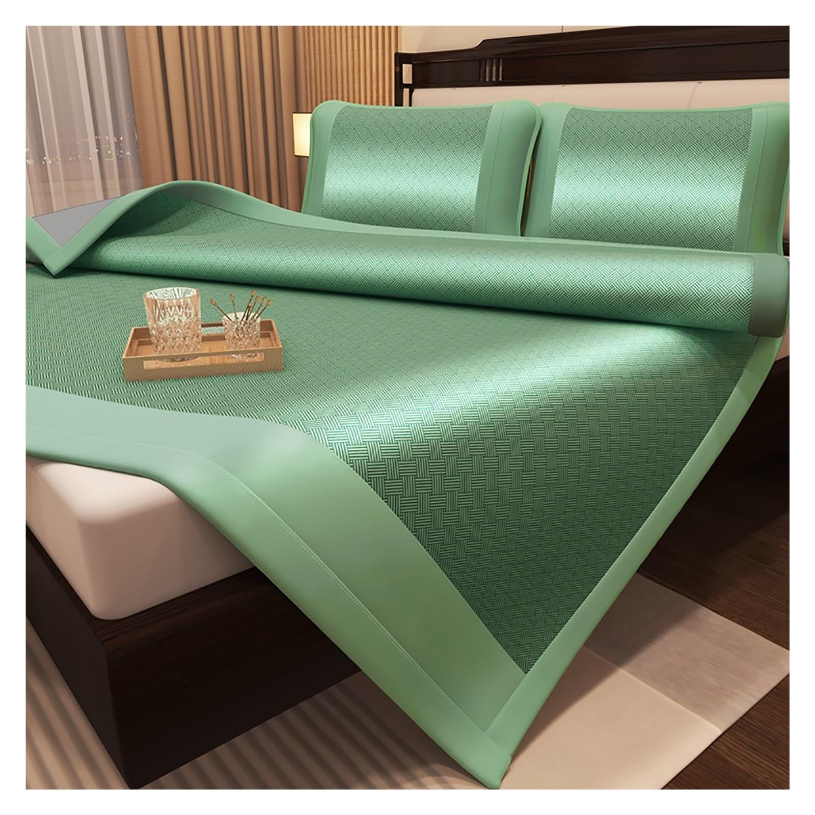 EGZASDI Summer Bamboo Mat Bed, Ice Silk Cooling Sleeping Mat Breathable Multicolor Multiple Sizes With 2 Pillowcases(Green,150 * 200cm)