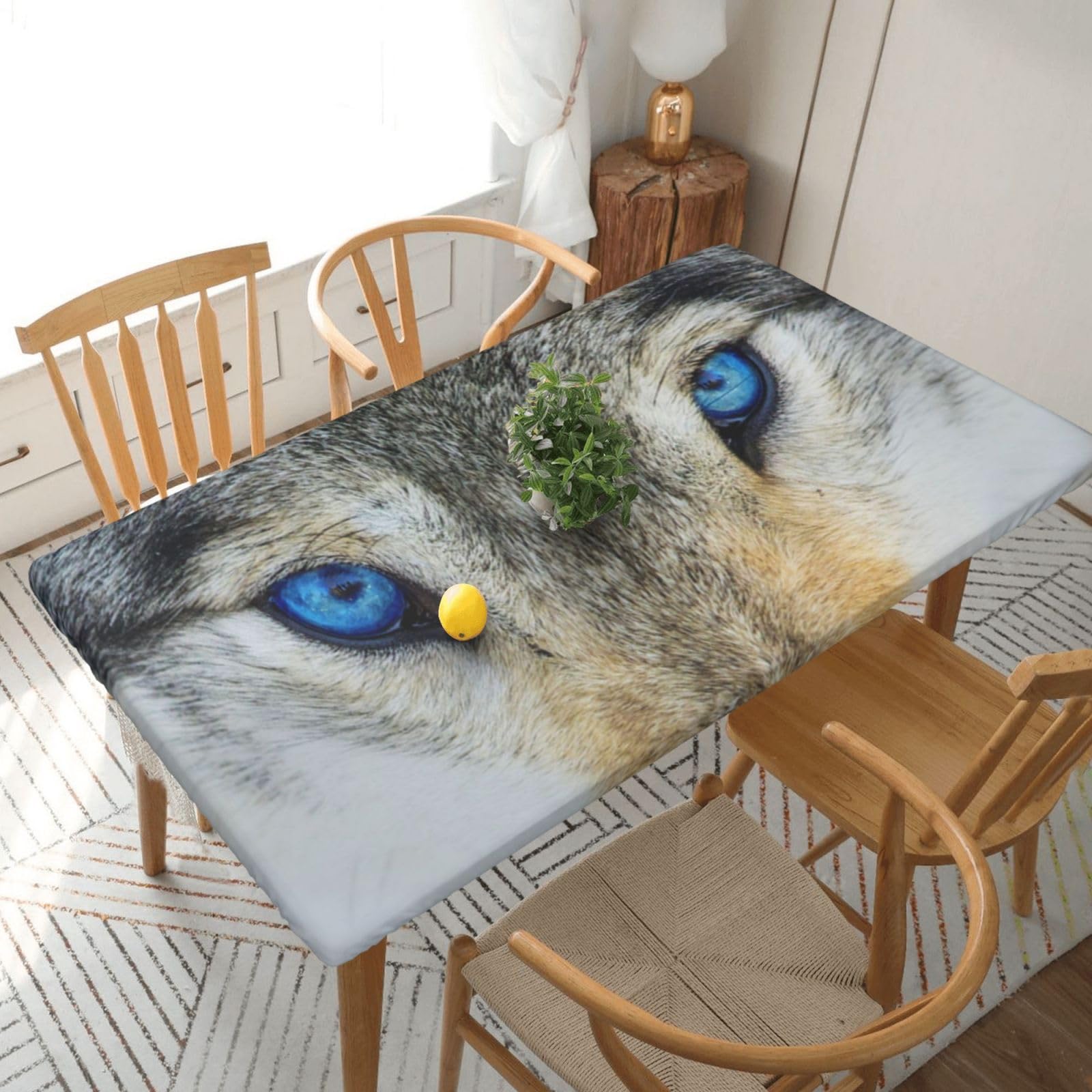 DCEHGEW Elastic Fitted Rectangle Tablecloth for 5ft Tables, Blue Eyes Wolf Printed Oilproof & Washable Fabric Picnic Table Cloth Table Covers