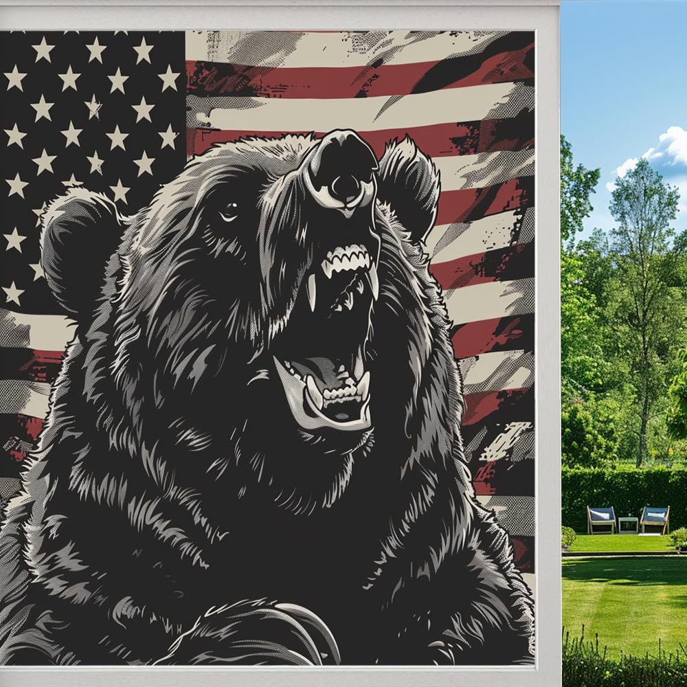 American Wild Bear Stained Glass Window Film, Watercolor Vintage Flag Majestic Animal Peel and Stick Privacy Film, Frosted Adhesive Vinyl Decorative for Bathroom Windows Glass Doors, （45x60cm）