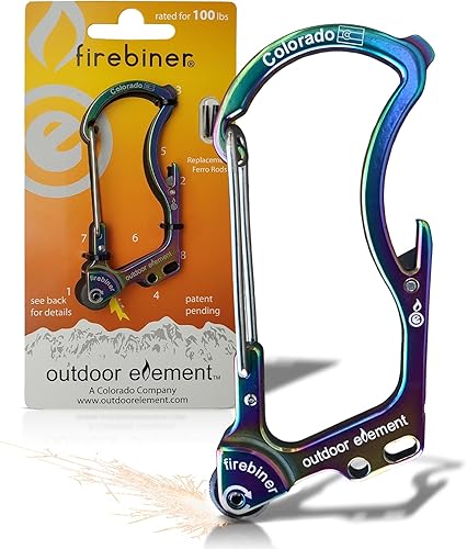 Miniatura 14 de OUTDOOR ELEMENT Firebiner Custom Engraved 6-in-1 Fire Starter Carabiner Multitool – Survival Gear EDC Keychain with Utility Blade, Bottle Opener, GT