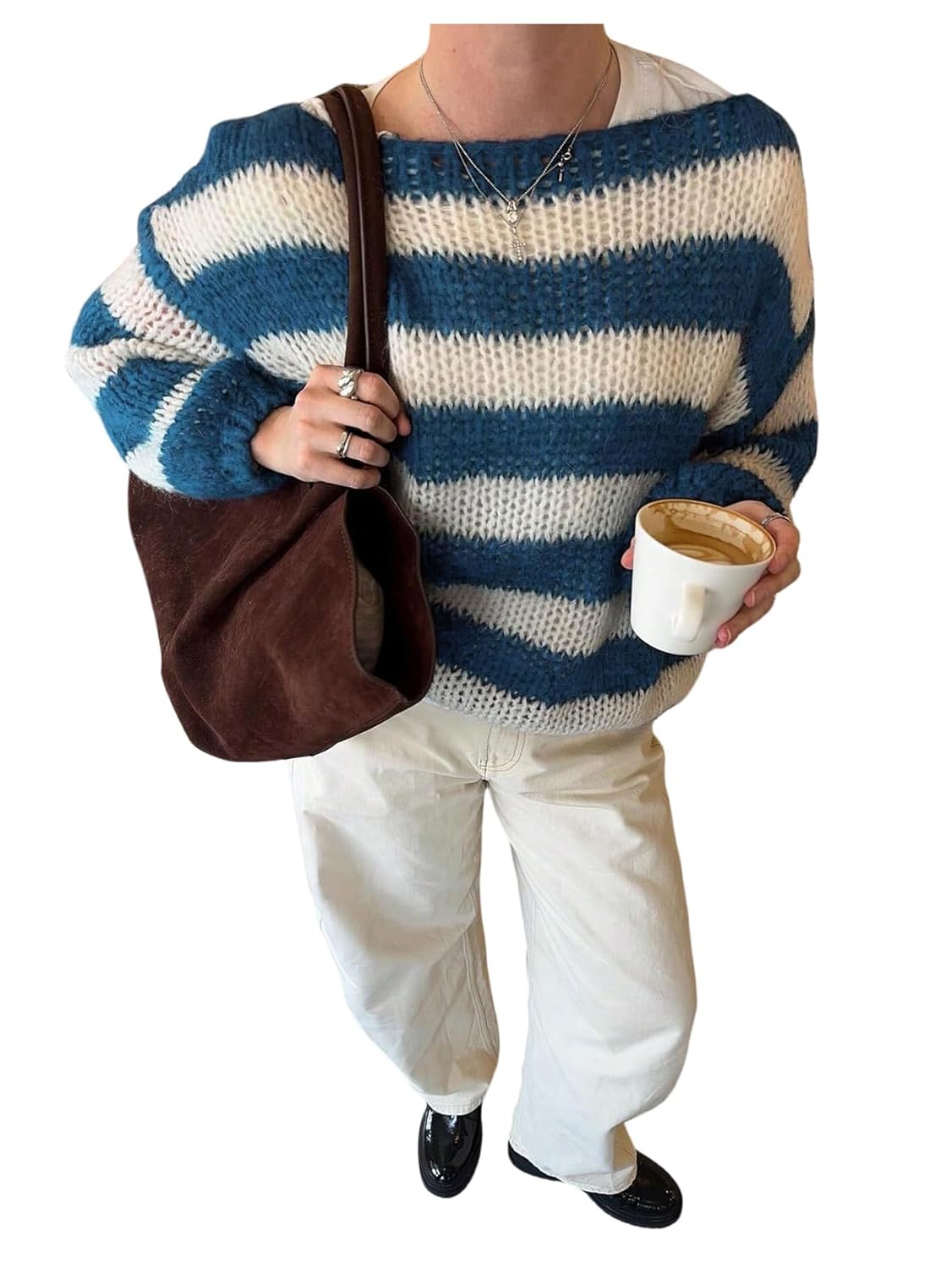 Floerns Womens Striped Long Sleeve Fall Sweaters Chunky Knit Boat Neck Going Out Pullover Tops
