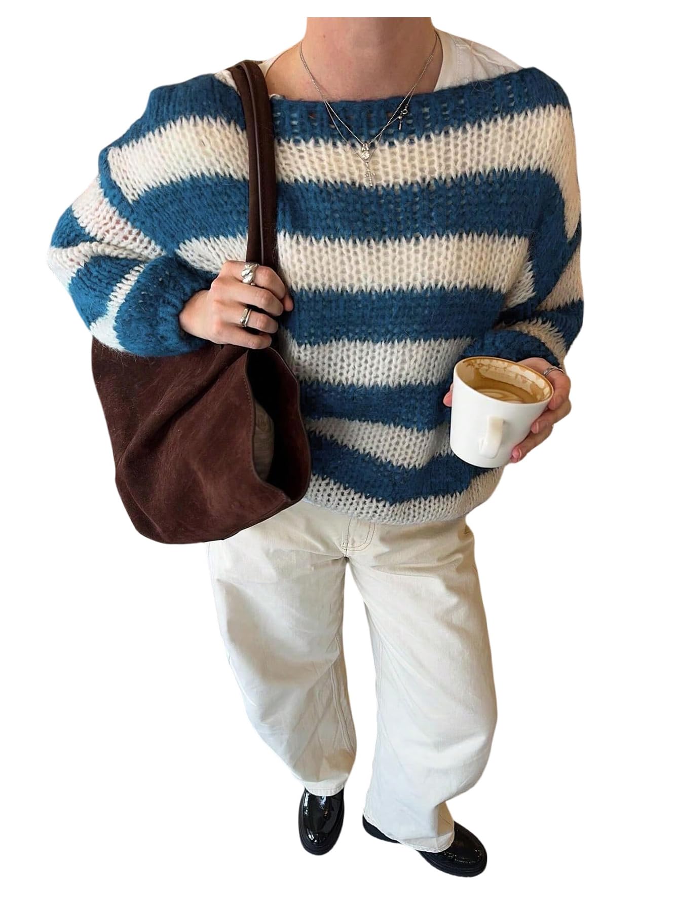 Floerns Womens Striped Long Sleeve Fall Sweaters Chunky Knit Boat Neck Going Out Pullover Tops