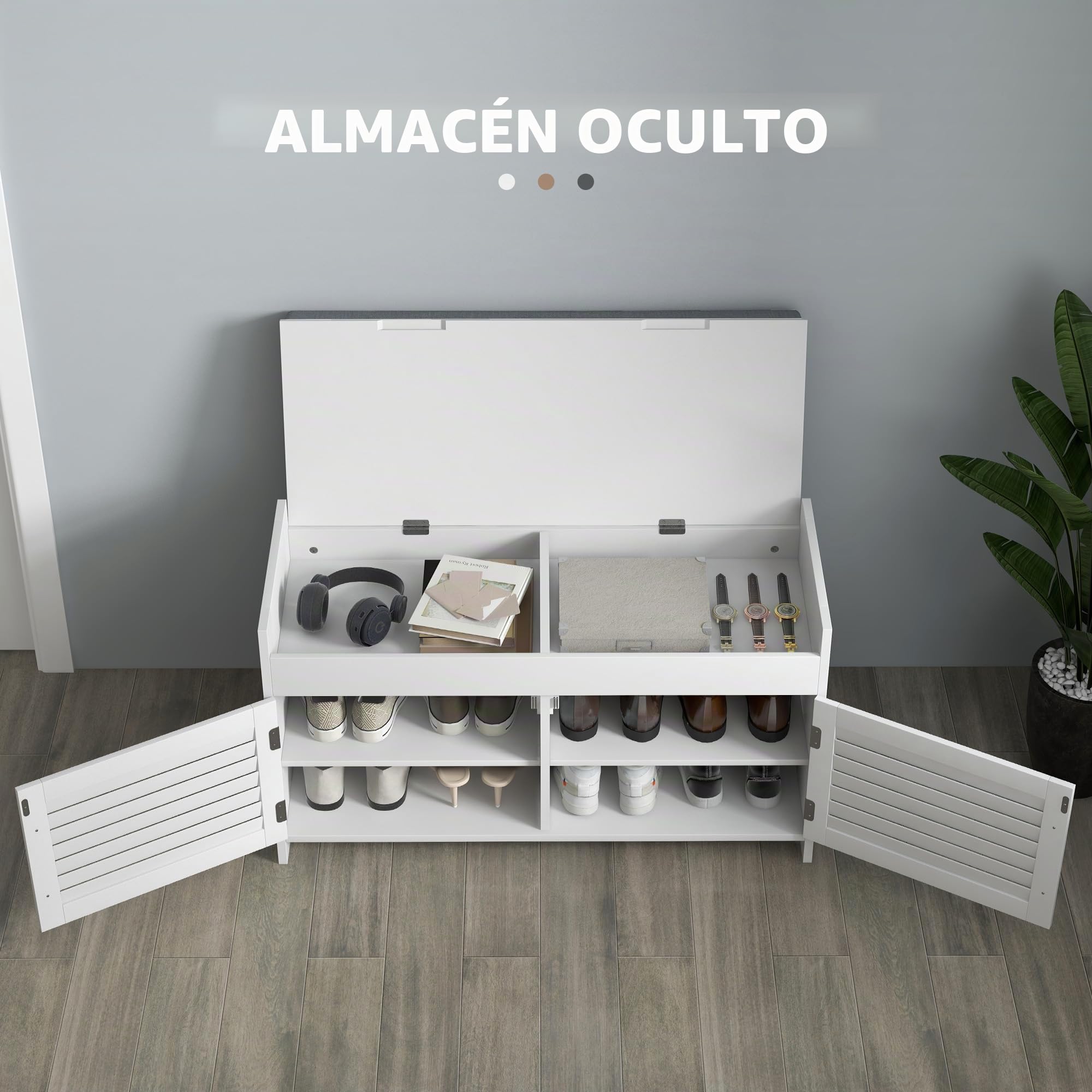 HOMCOM Banco zapatero cojín estantes ajust. puertas persiana 35.4" Blanco | Banco de entrada con almacenamiento, compartimentos ocultos, zapatero, soporta hasta 160 kg