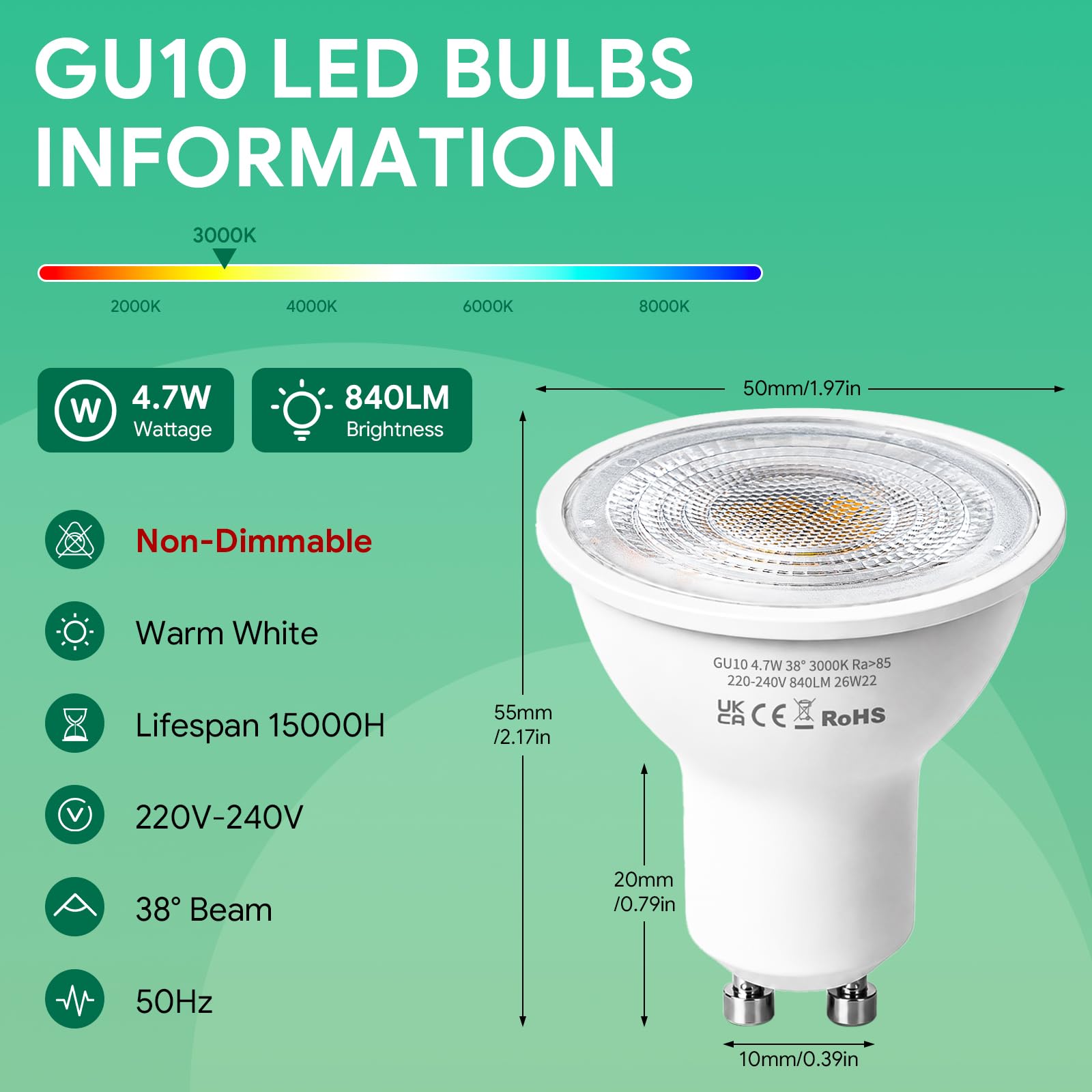 Lot de 10 ampoules LED GU10 Blanc chaud 3000 K 4,7 W (équivalent 50 W) Ampoule LED à économie d'énergie 220-240 V 840 lm IRC > 85 Angle de faisceau 38 ° Non dimmable Sans scintillement Pour Plafond