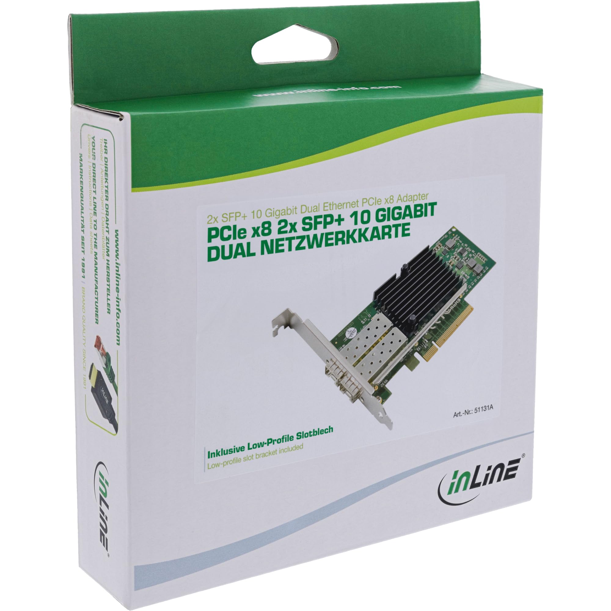 InLine Dual 10-Gigabit Netzwerkkarte, 2X SFP+, PCIe x8, 10 GBASE-T Ethernet LAN Controller, ab Win 7, Server 2008, Linux 2.6 inkl. Low Profile Slotblech, 51131A