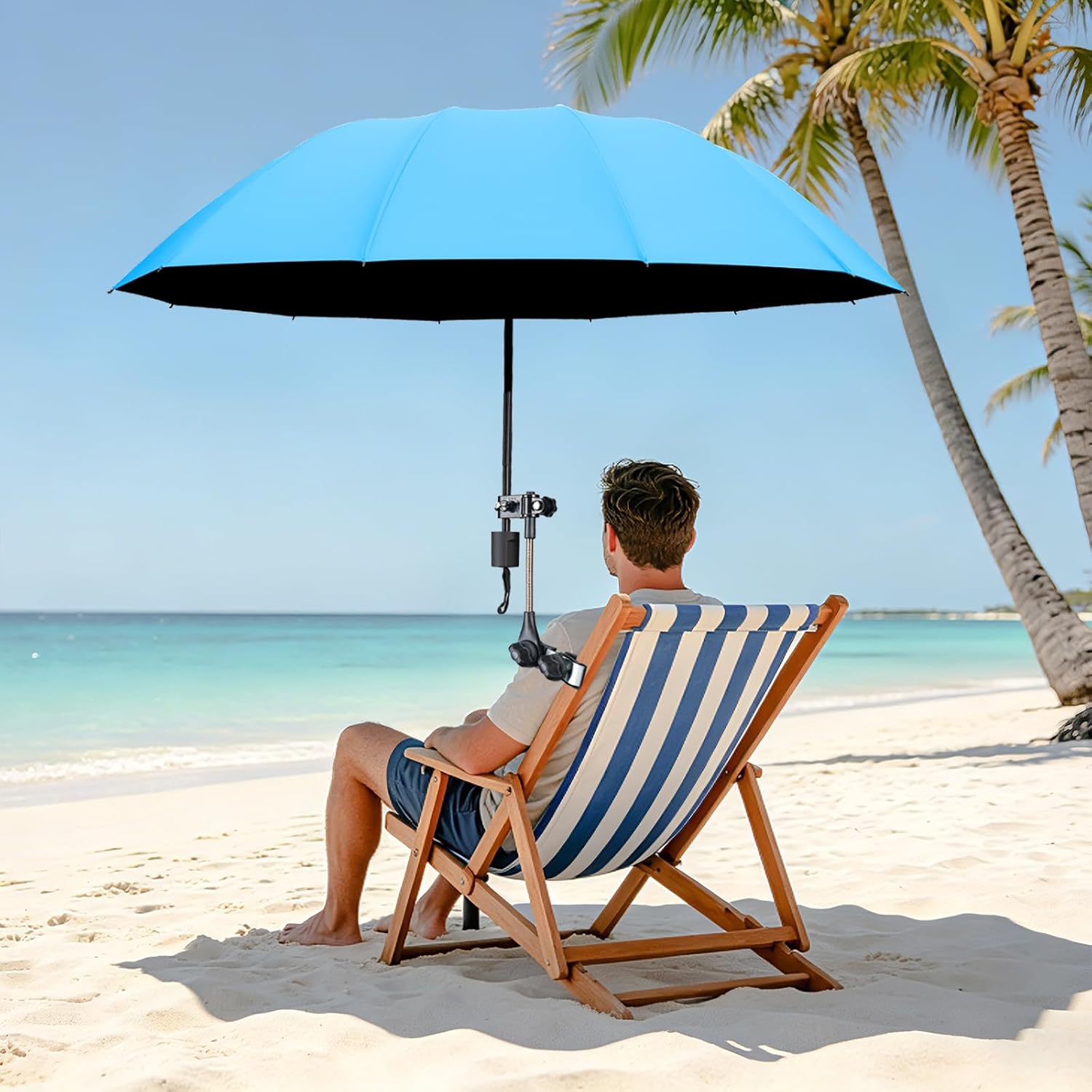 Patio Umbrellas 360 ° Adjustable Beach Chair Umbrella with Clamp UPF 50+ Clip On Chair Umbrella Sun Shade for Outdoor Beach, Patio, Wheelchair, Camping Chairs and Golf Carts (Sky Blue)