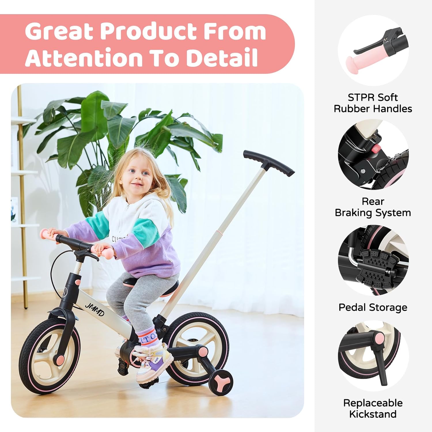 JMMD 6 in 1 Toddler Bike with Push Handle for Kids 18-60 Months, 12" Foldable Balance Bike with Training Wheels, Pedals, Brakes, Kickstand, Push Tricycle Toddler Gift & Toys for... 7 JMMD 6 in 1 Toddler Bike with Push Handle for Kids 18-60 Months, 12" Foldable Balance Bike with Training Wheels, Pedals, Brakes, Kickstand, Push Tricycle Toddler Gift & Toys for... - Image 5