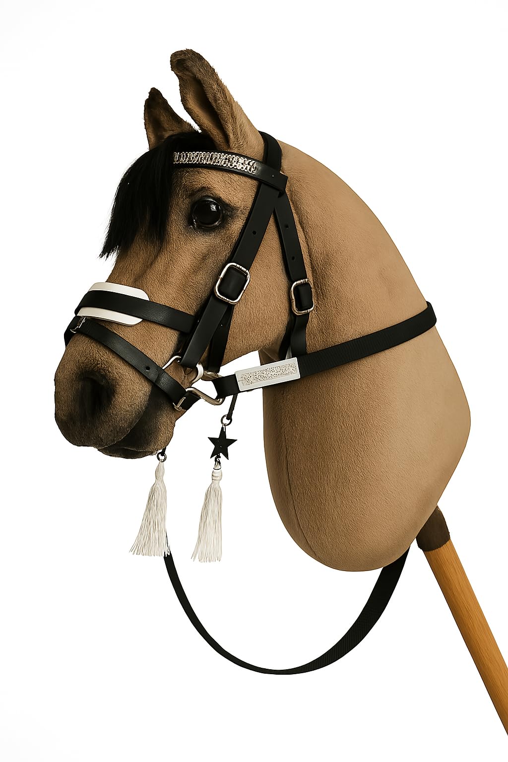 Generisch Hobby Horse Zubehör, ohne Pferd, nur Trense Schwarz, Weiß Unterlegt mit Sperriemen inkl. Zügel, Hobbyhorsing, Zubehör für Steckenpferd, Spielpferd