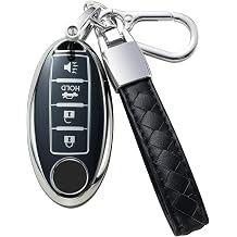 Compatible with Nissan Key Fob Cover with Leather Lanyard, Car Key Case Shell Protection for Nissan Altima Rogue Sentra Pathfinder Remote Smart Key, Black