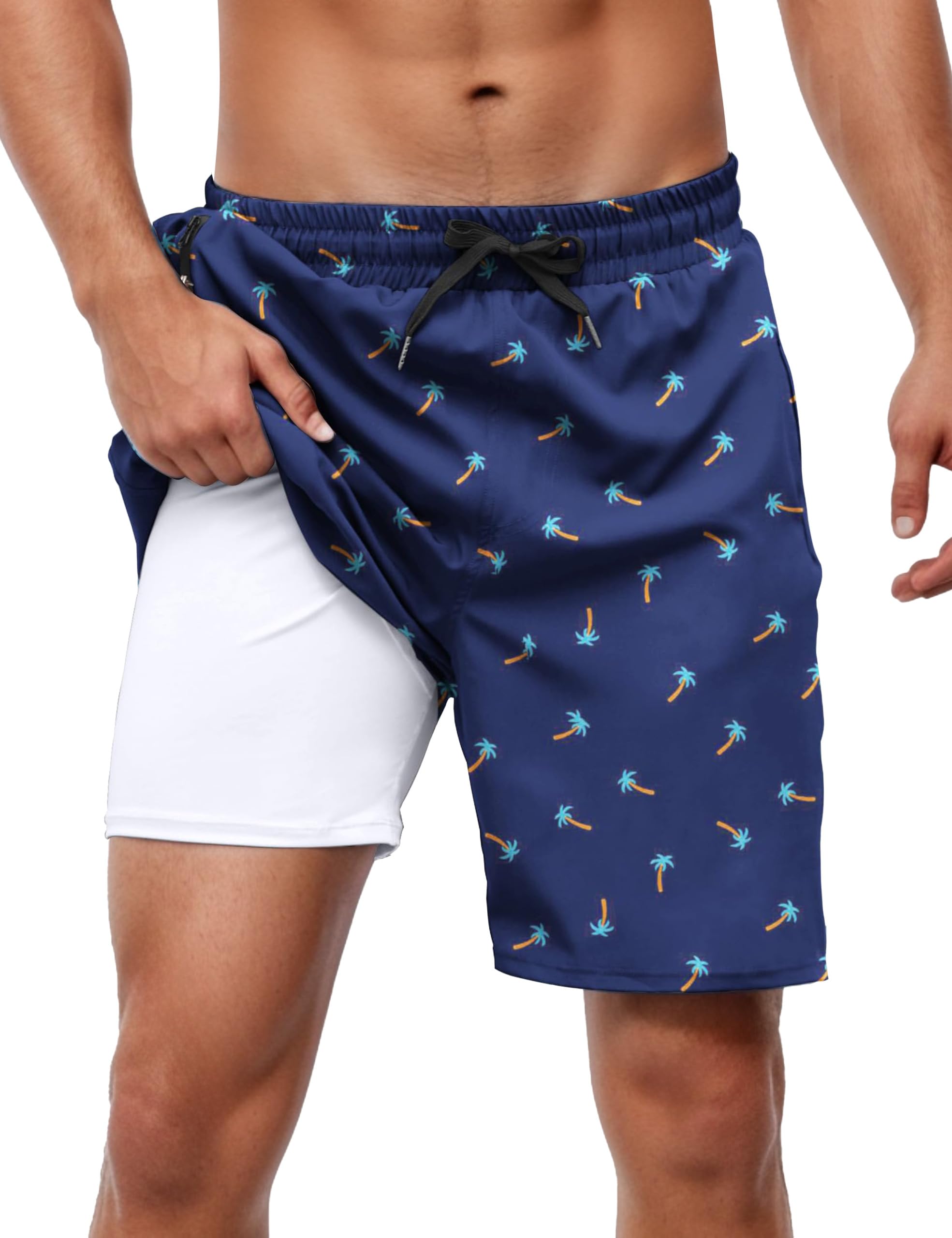 bolukets Badehose für Herren mit Kompression Liner 7" 2 in 1 Atmungsaktiv Badeshorts mit Reißverschlusstaschen Männer Elastisch Boardshorts mit Tunnelzug