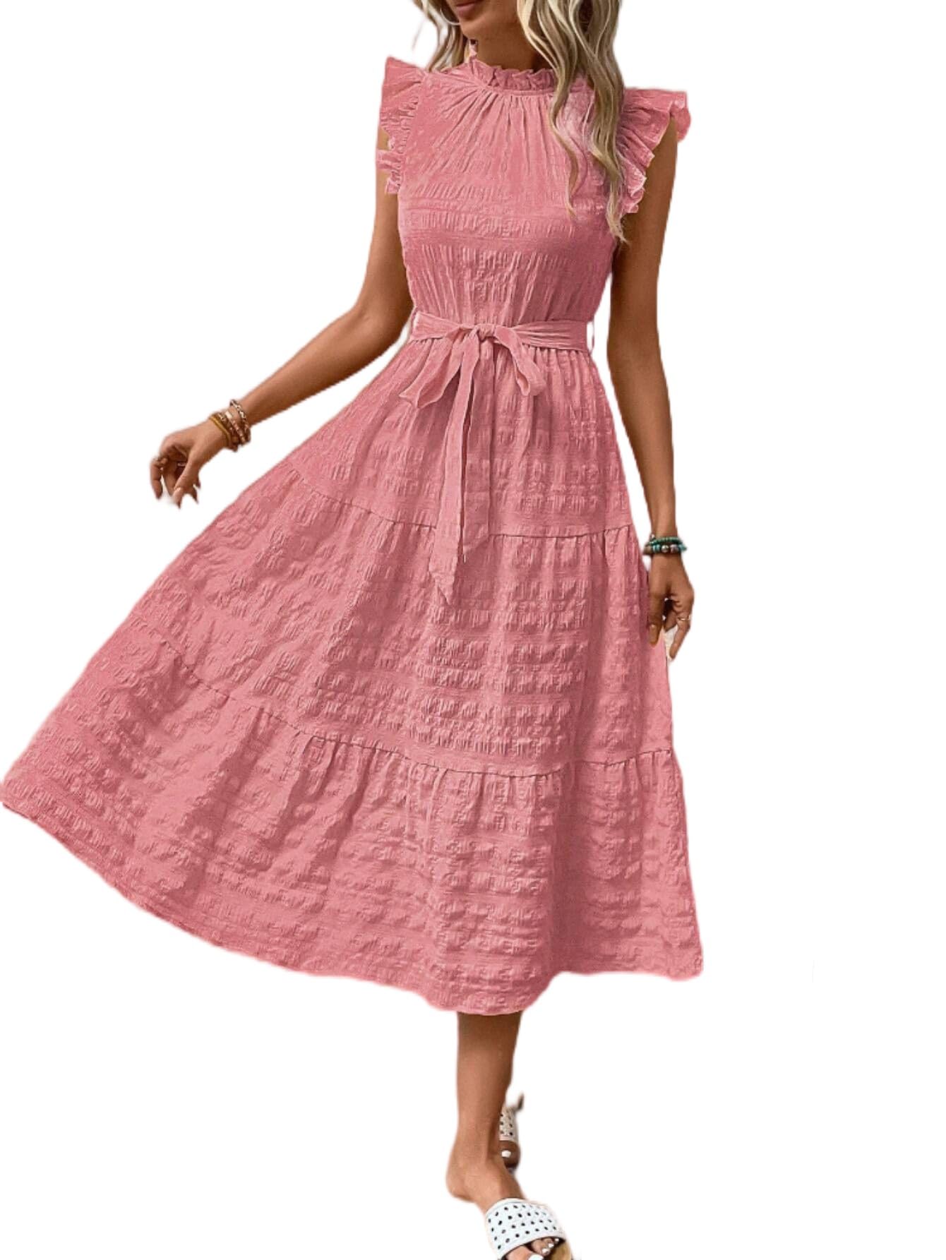 Womens Ruffled Flutter Sleeve Tie-up Dresses Classic Fit Lace Textured Comfort Pure Color Summer Loose Midi Dress