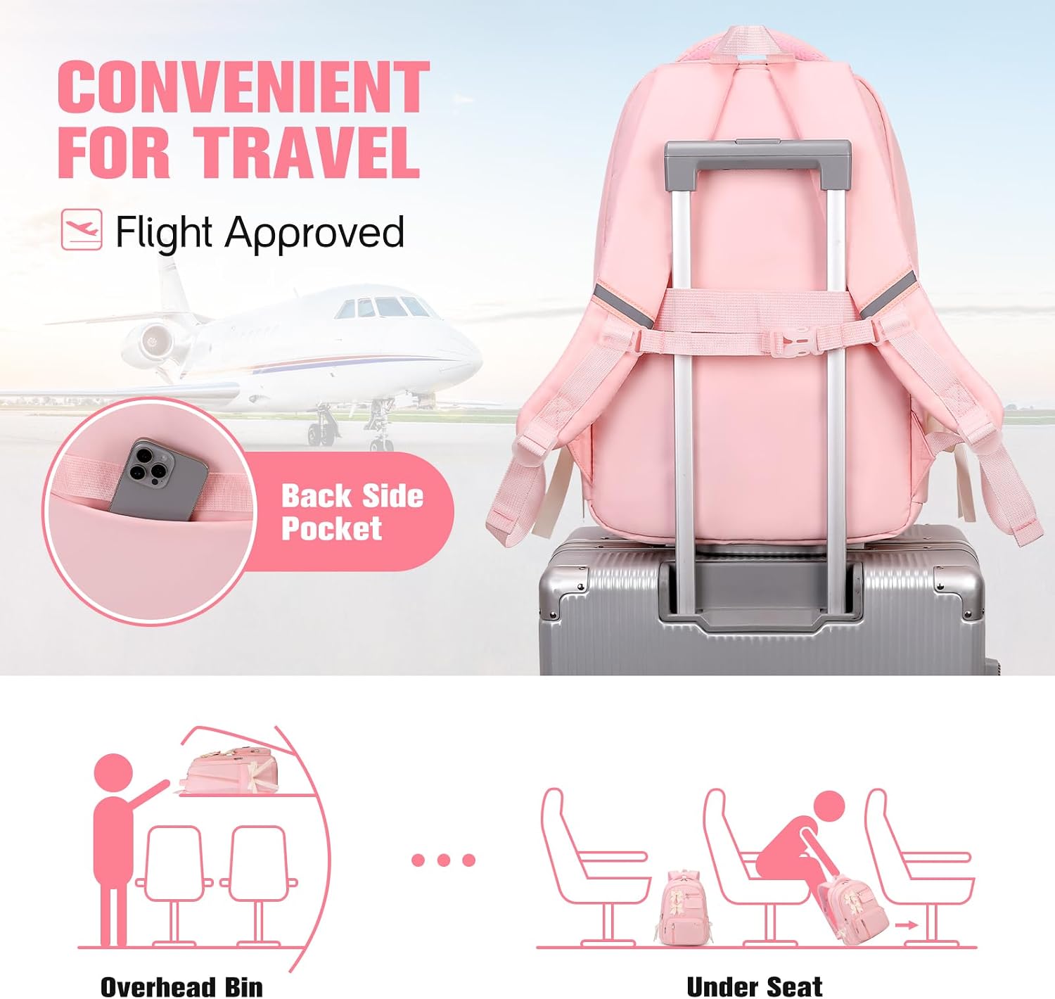 Bevalsa Backpack for Girls, Bow School Backpack for Kids with Lunch Bag & Pen Case, Cute Bookbag for Teens Girls Children for Elementary Middle High College Student, Back To School Gift (Pink)