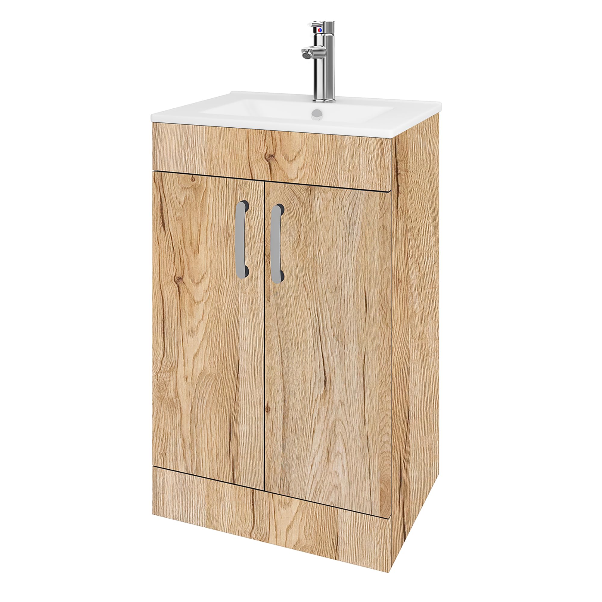 BELOFAY Vanity Unit With Basin | 600mm Floor Standing Bathroom Vanity Units With Basin | 1 Tap Hole Ceramic Bathroom Sink | Lacquered Finish | Waste Included (New York Wood Grains) — image 1