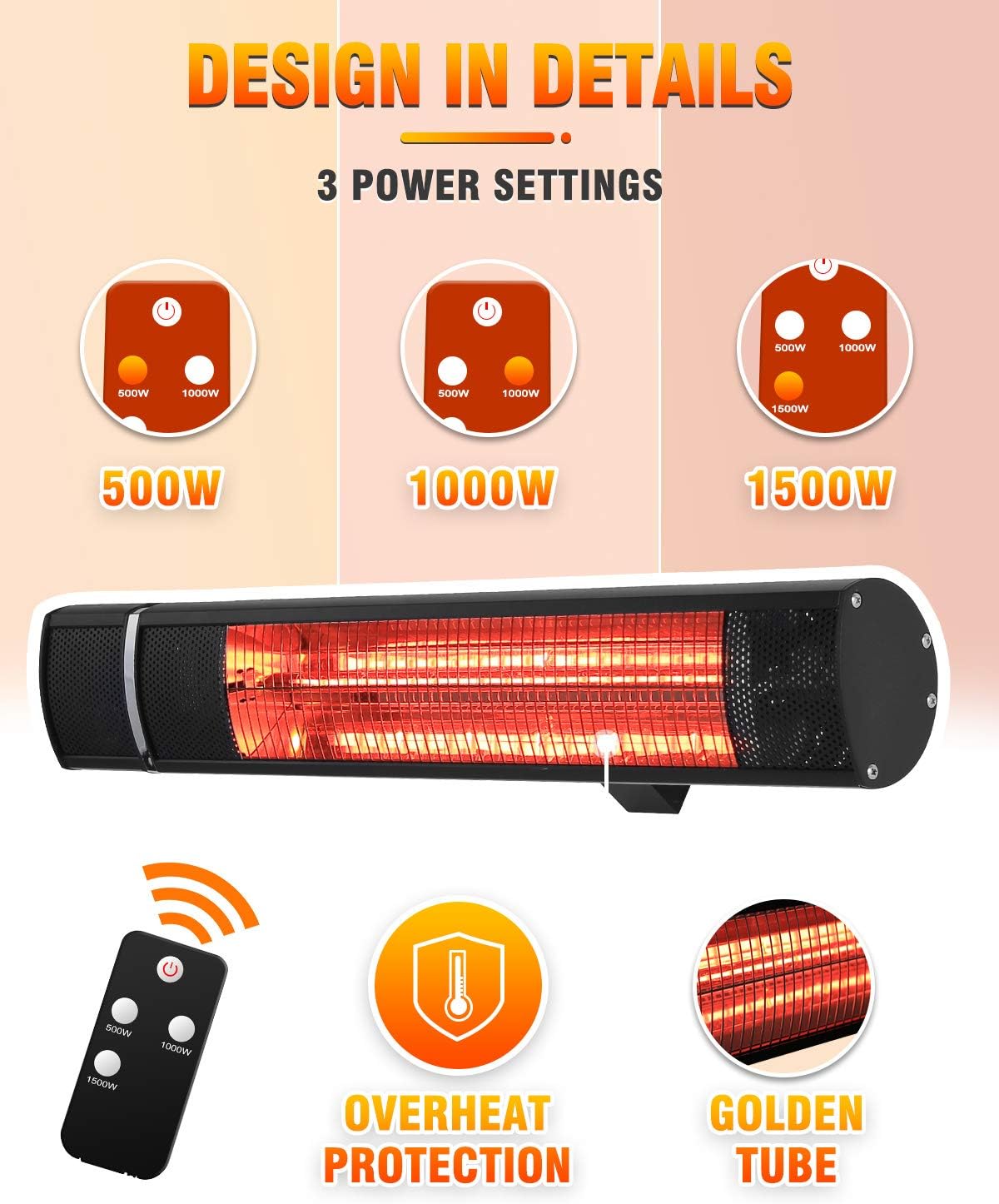 Sunday Living Electric Patio Heater, 1500W Outdoor Heater with 3 Power Settings,Overheat Protection, Infrared Heater with Remote Control, Super Quiet Wall Mounted Space Heater, In/Outdoor, TW15R : Patio, Lawn & Garden