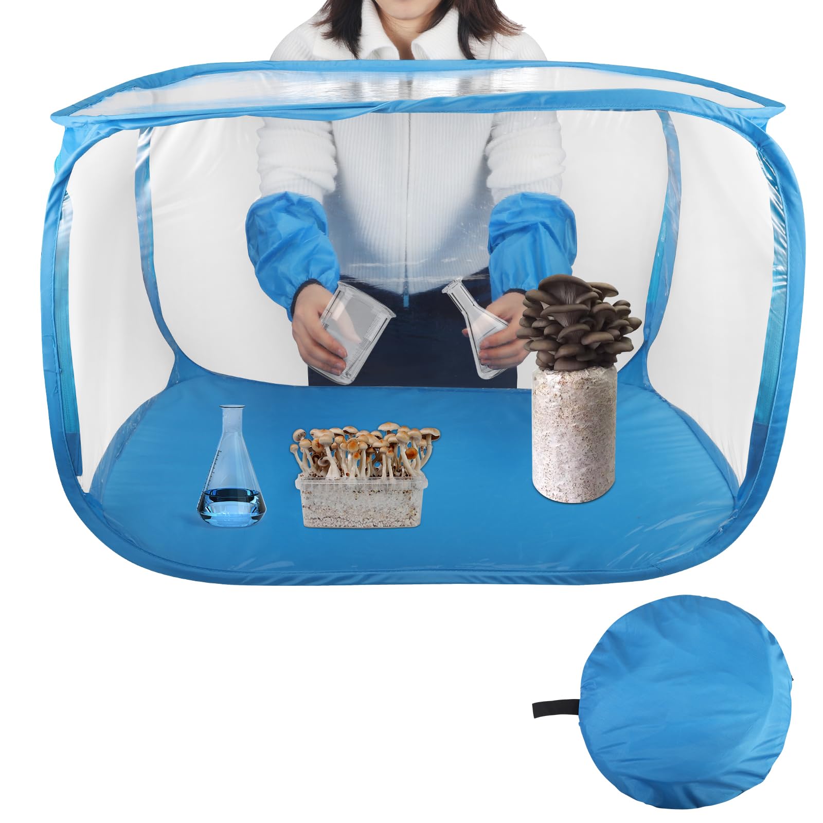 Pilze Züchten Growzelt, 60 x 60 x 90 cm Growbox. Tragbarer und klappbarer Grow Zelt mit Zwei Armöffnungen Grow Box für Pilzee wie Enoki Pilze, Heilpilze, Pilze im Allgemeinen(Blau) Gr