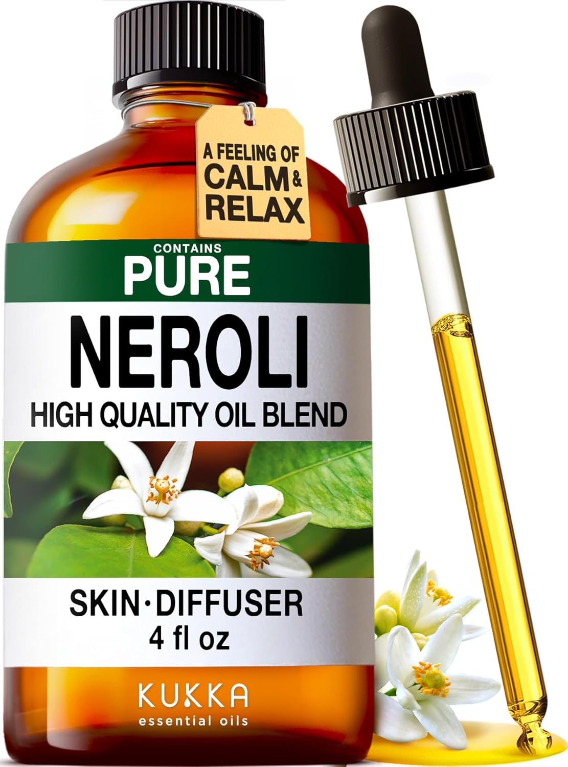 KUKKA Neroli Essential Oils - 4 Fl Oz - for Hair, Skin, Diffuser, Aromatherapy & DIY Soap Making Scent