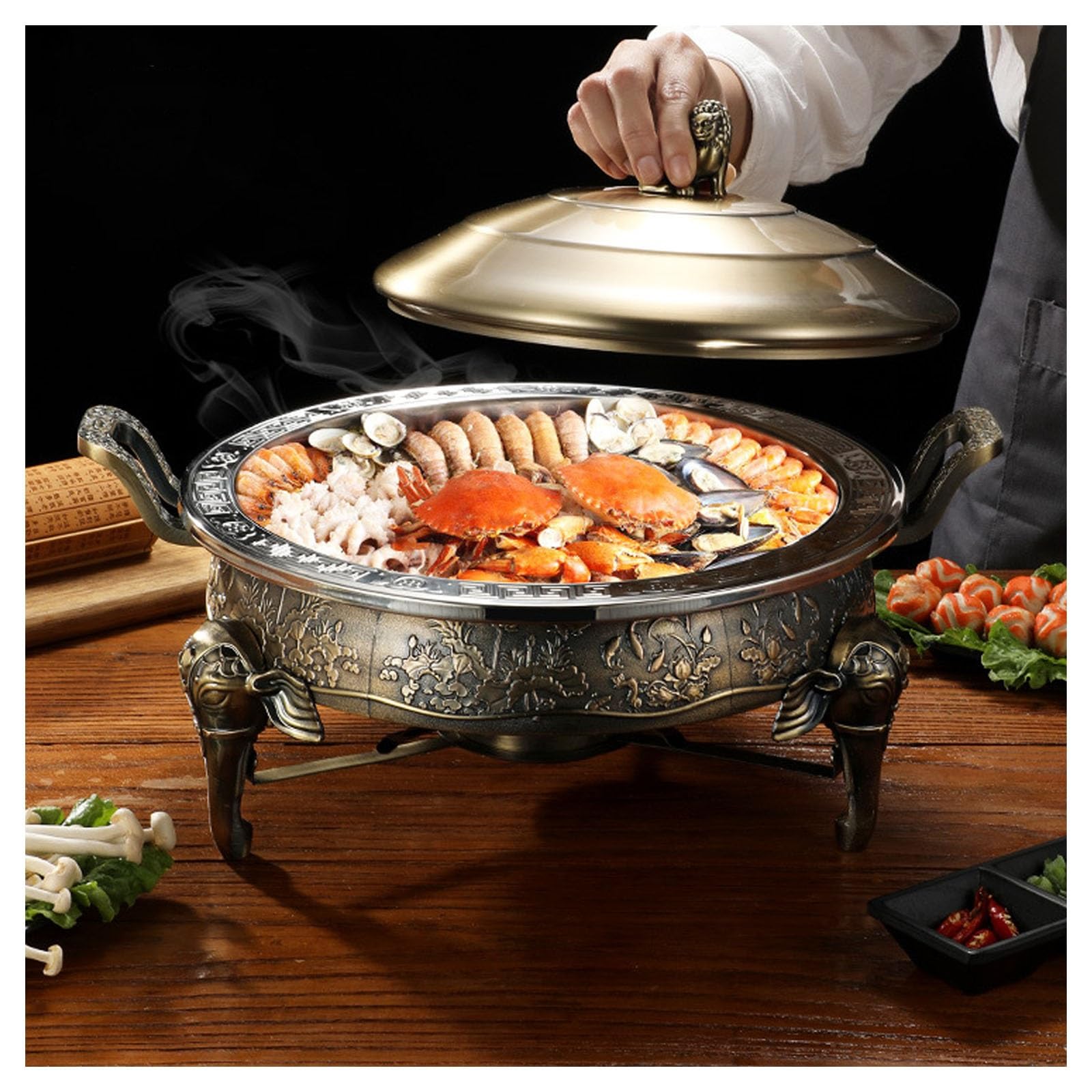 Chafing dish in acciaio inox, piatto gourmet, scaldavivande rotondo con coperchio, contenitore riscaldante, scaldazuppe, set professionale for pranzi condivisi, feste, matrimoni, cene, hotel, buffet(B