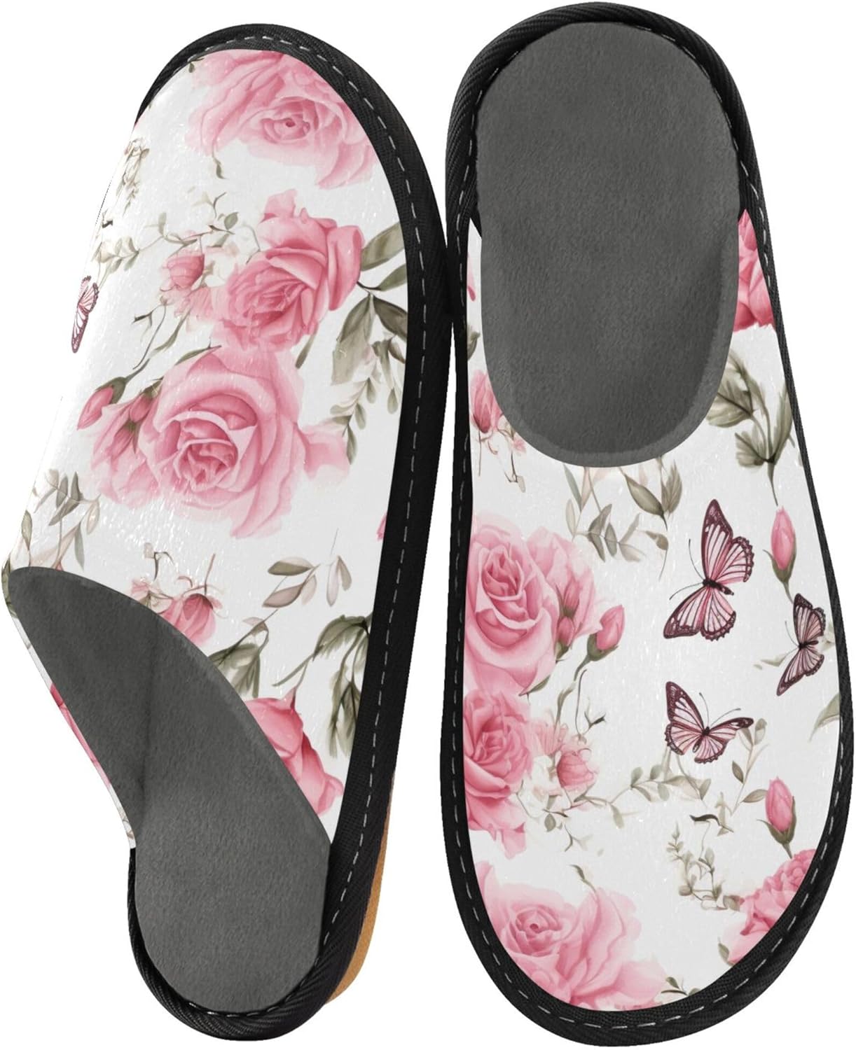 Floral Butterfly House Slippers – Cozy Fuzzy Slippers for Guests, Washable & Disposable, Perfect for Shoeless Home, Spa & Hotel Use A110716