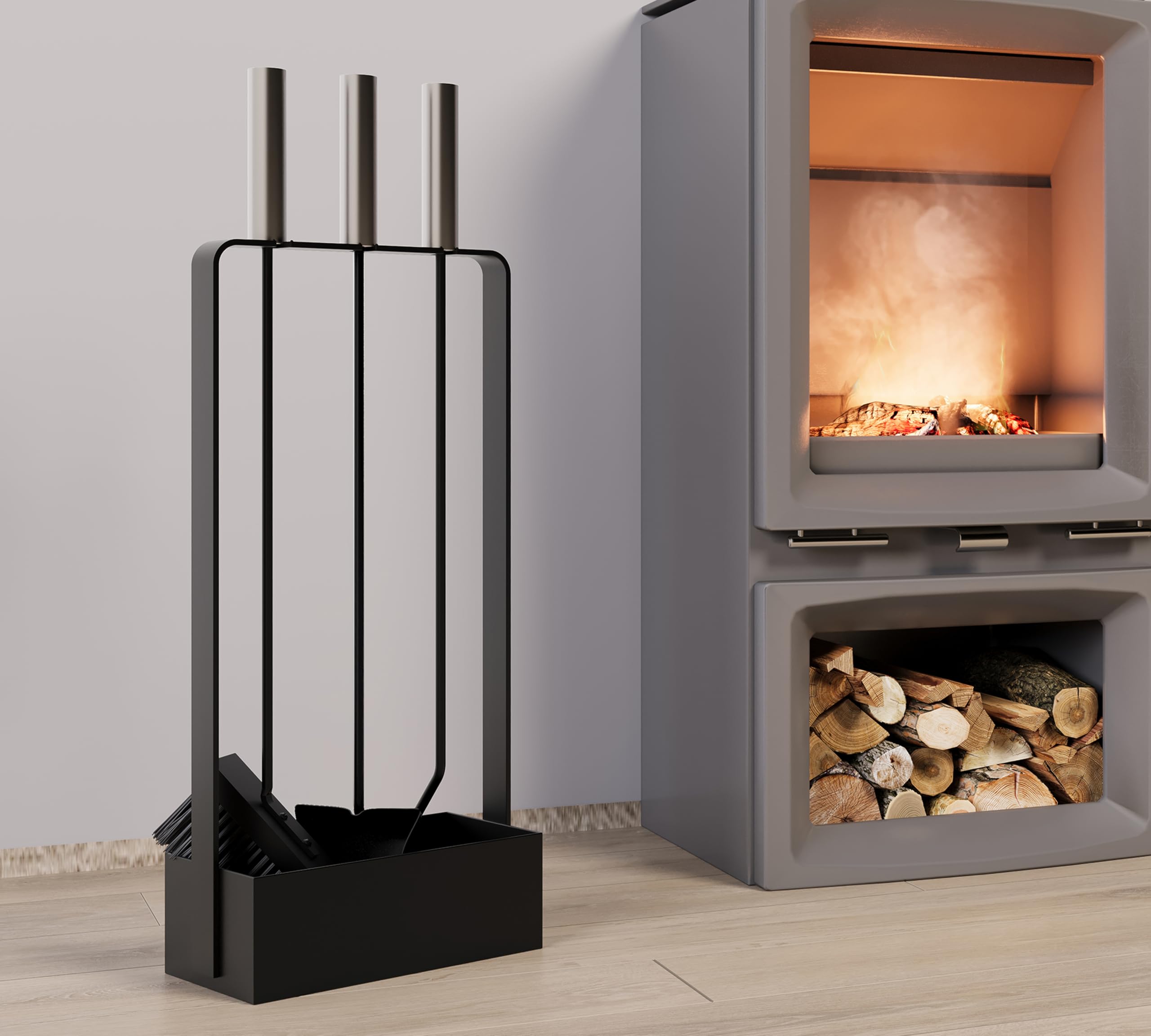 Kingson Set di attrezzi per camino con manici in acciaio inox, 3 attrezzi, 53 cm, supporto verniciato a polvere, colore: nero