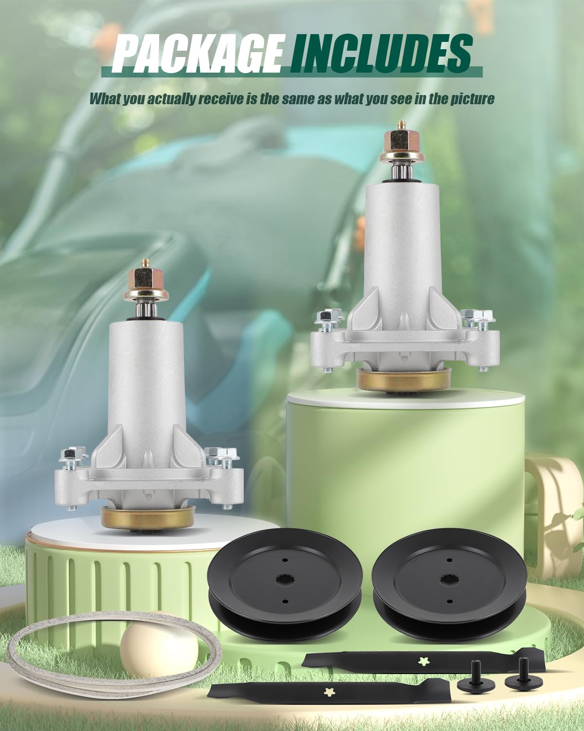 ACEBRI Kit de reconstrucción de cubierta de 42 pulgadas para cortacésped Sears Craftsman 187292 153535 138971 144959, 1 correa de transmisión, 2 cuchillas de cortacésped, 2 poleas y 2 ensamblajes de