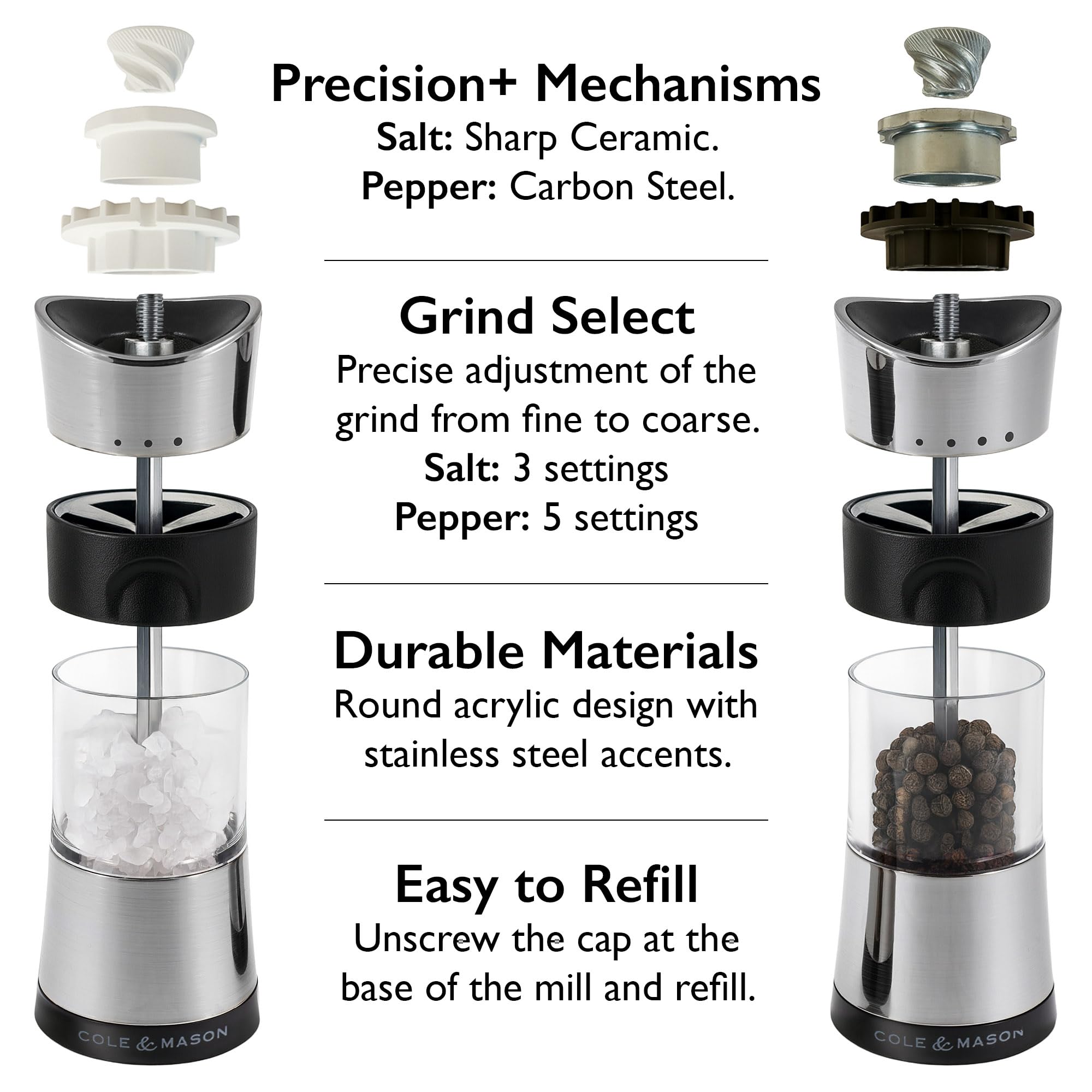 Cole & Mason H306598P Horsham Cromo Macina Sale e Pepe, Precision+, Macinatura Regolabile, Cromo, Acrilico, 154mm, Pacco Regalo, Include 2 x Mulini